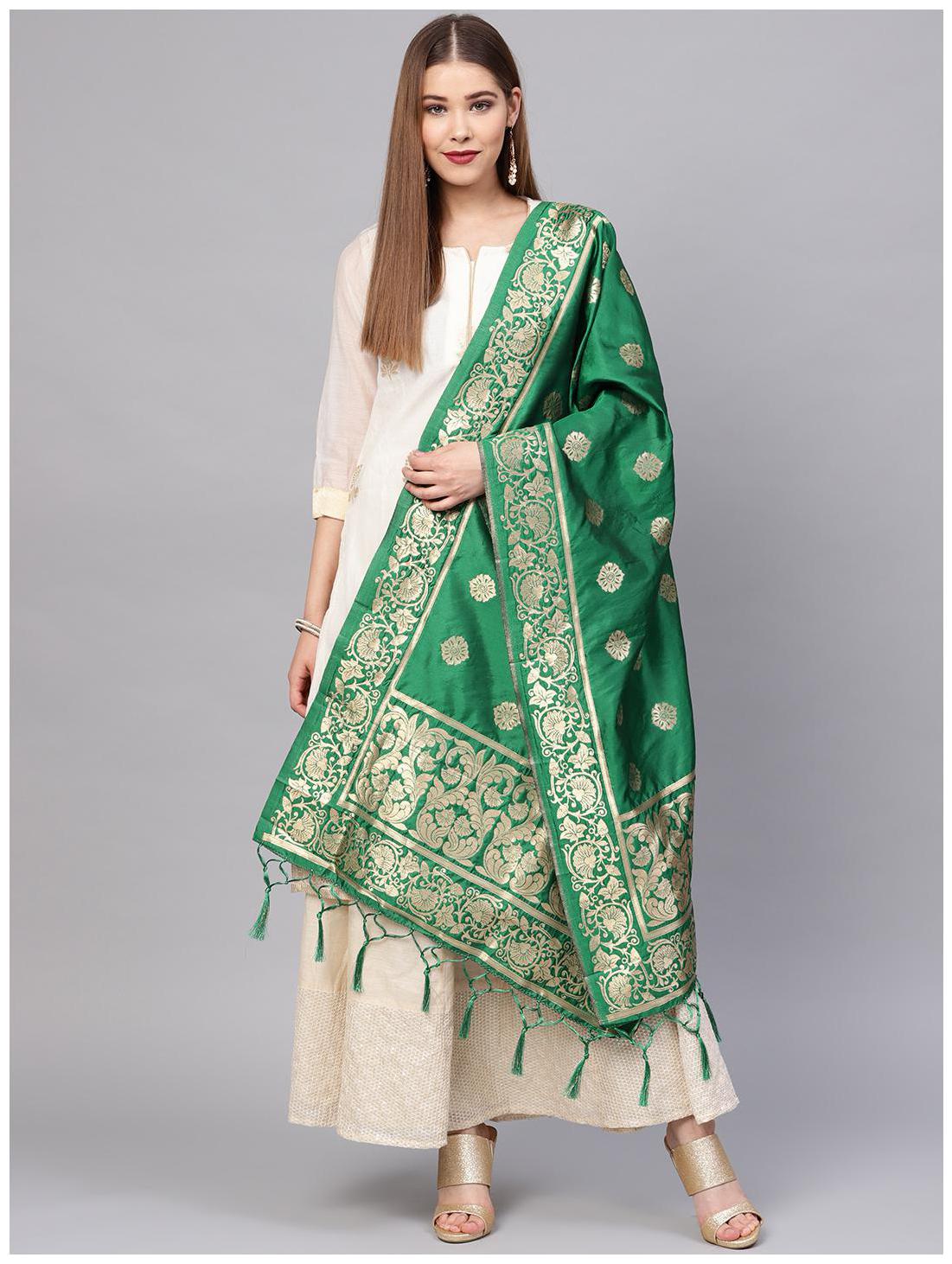 

Sutram Women s Woven Banarasi silk dupatta Green