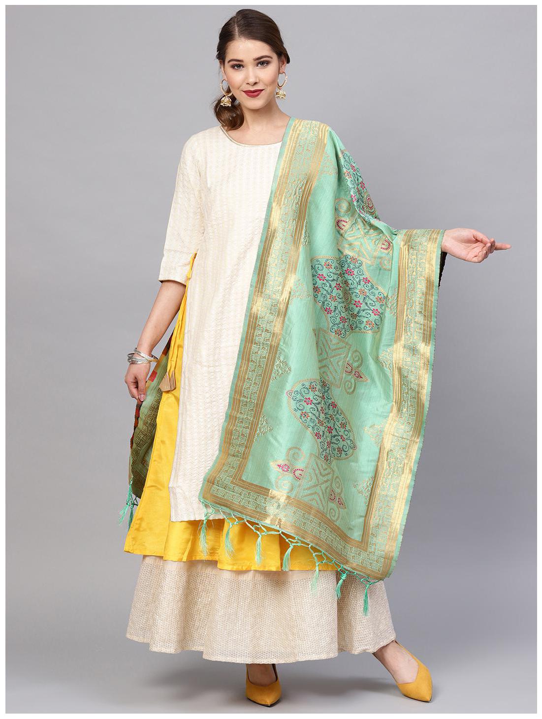 

Sutram Women s Woven Banarasi silk dupatta Green