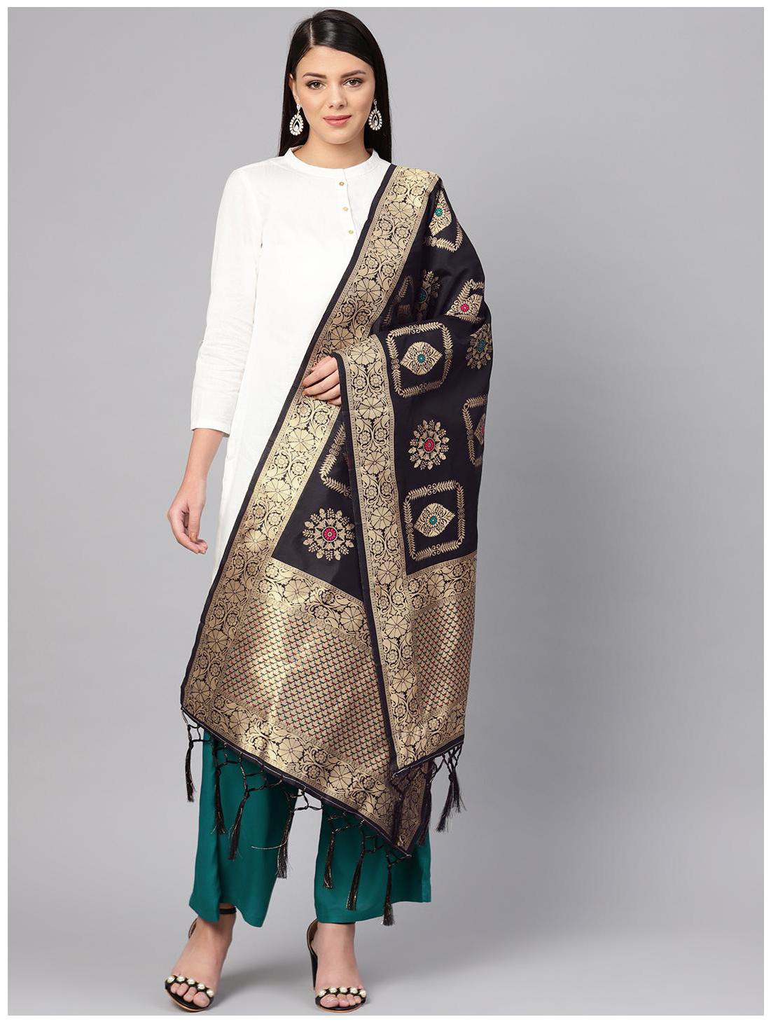 

Sutram Women Banarasi Silk Woven Dupatta Black