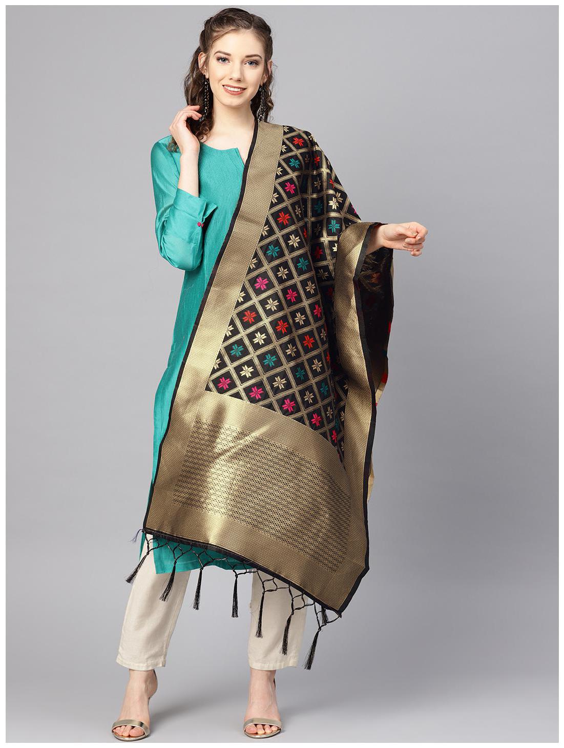 

Sutram Women Banarasi Silk Woven Dupatta Black