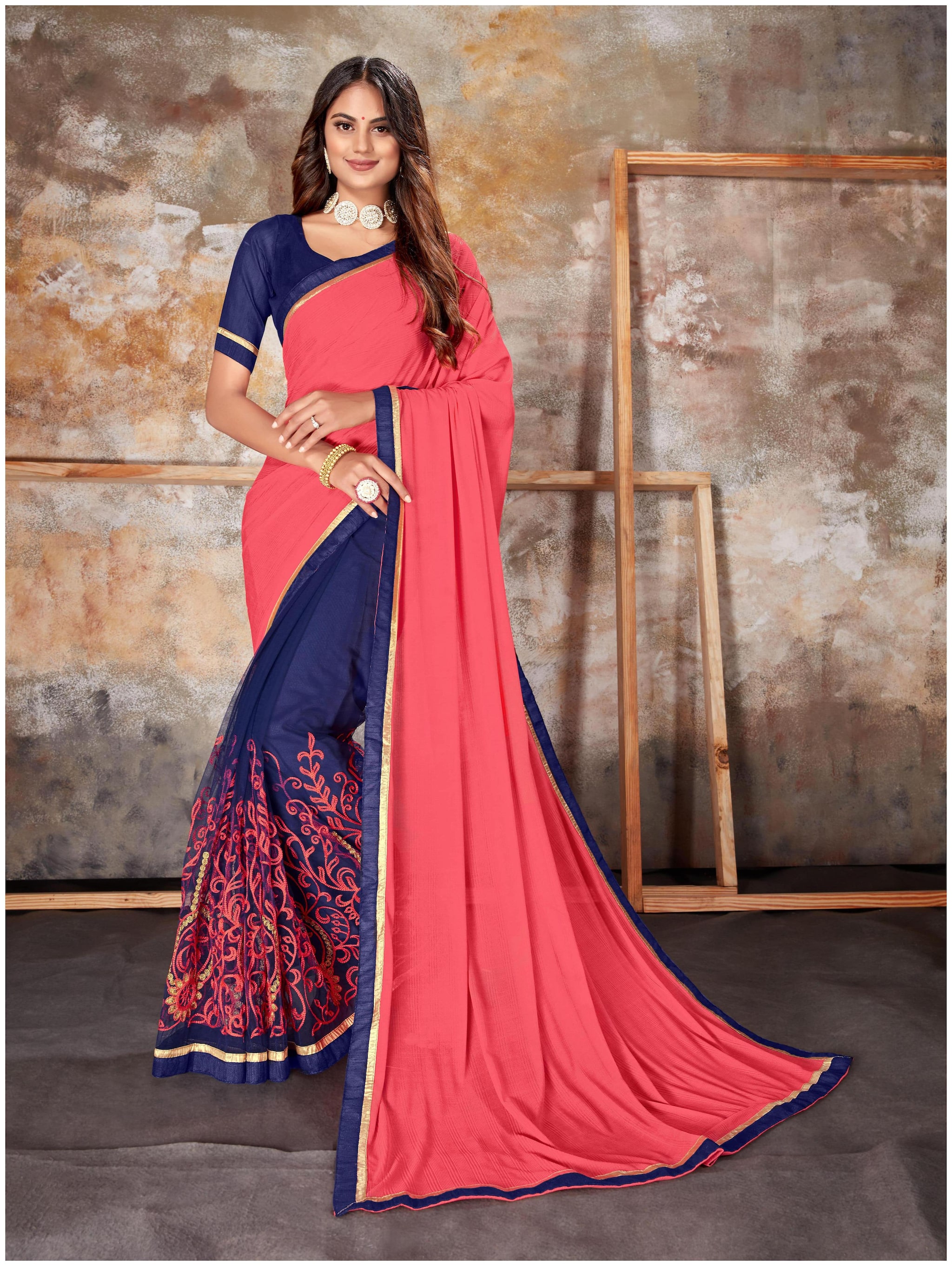 

SUTRAM Women Lycra Embroidered Pink Blue Saree With Blouse