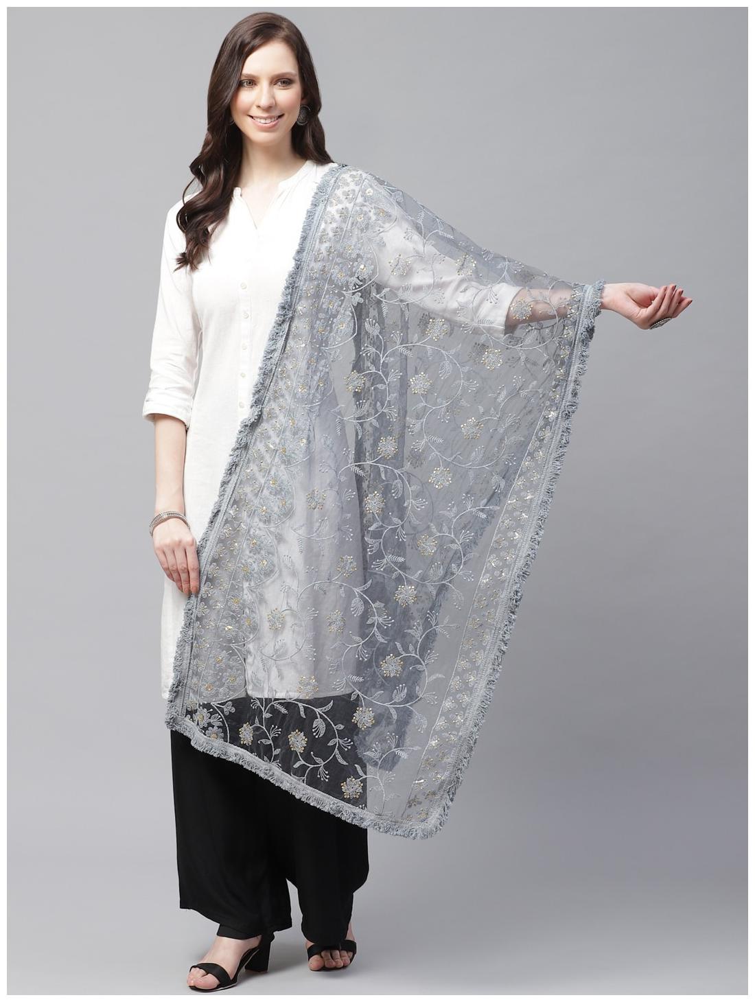 

Sutram Women Net Lakhnavi Grey Embroidery Dupatta
