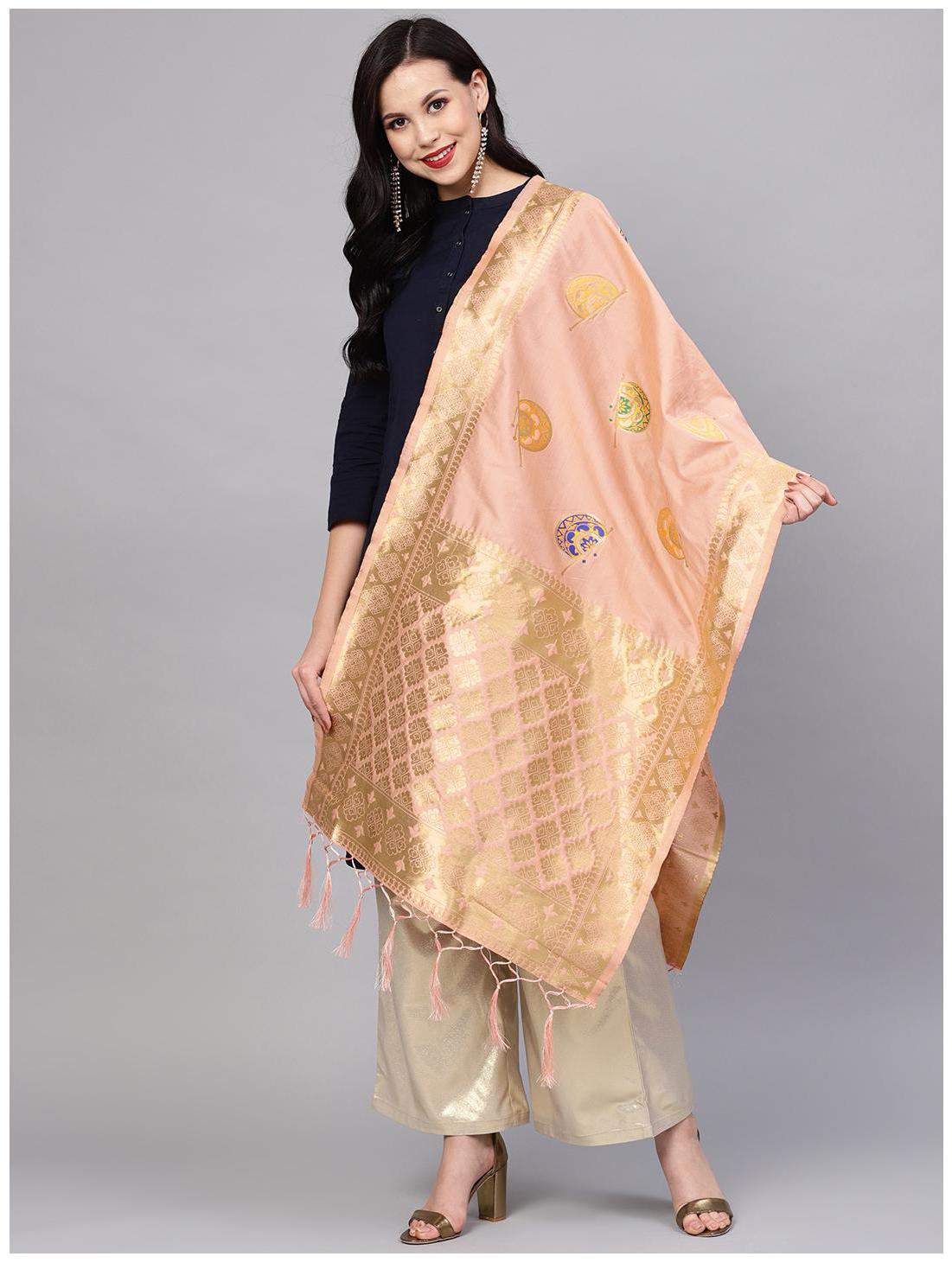 

Sutram Women s Woven Banarasi silk dupatta Peach