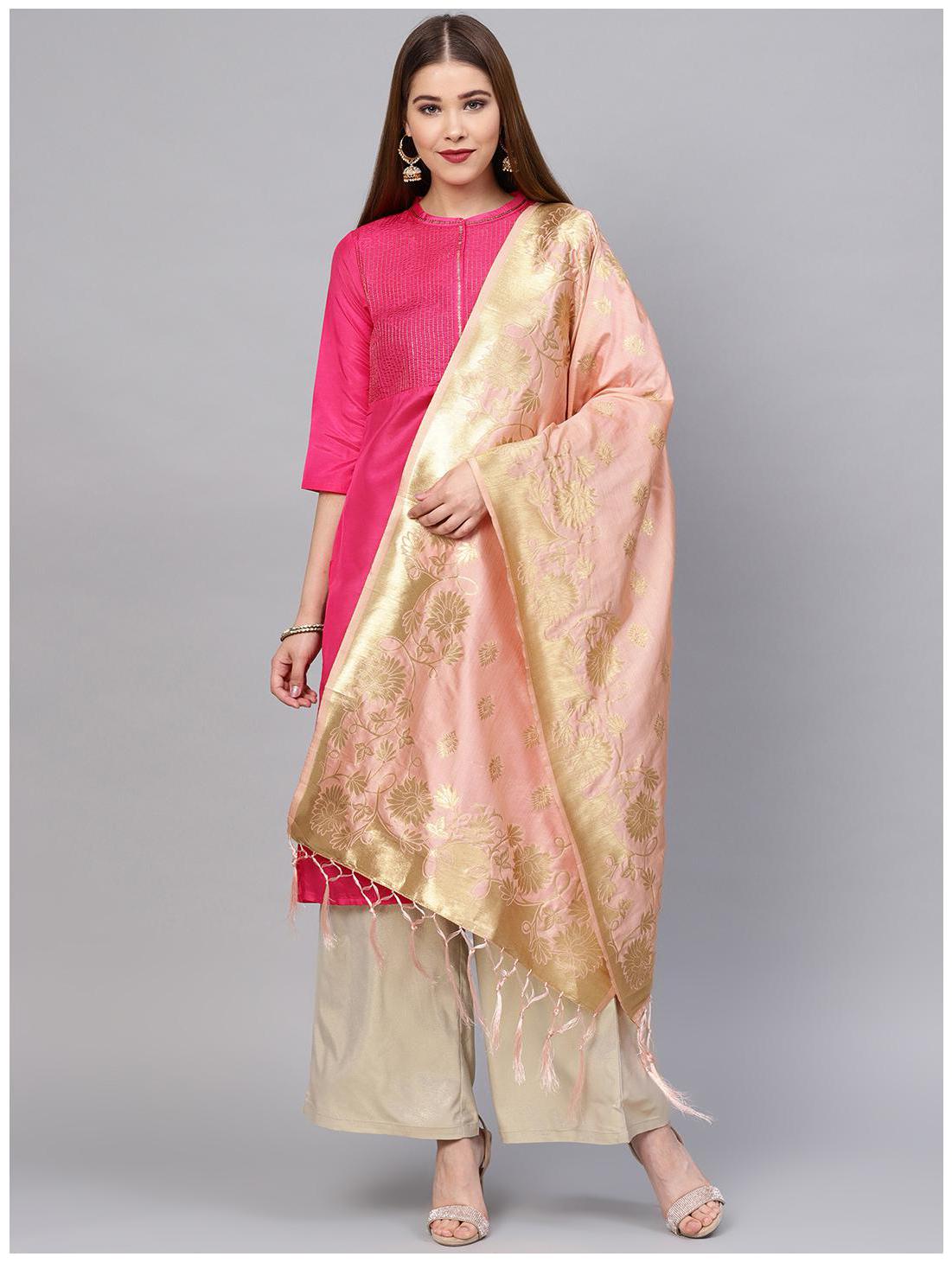 

Sutram Women s Woven Banarasi silk dupatta Peach