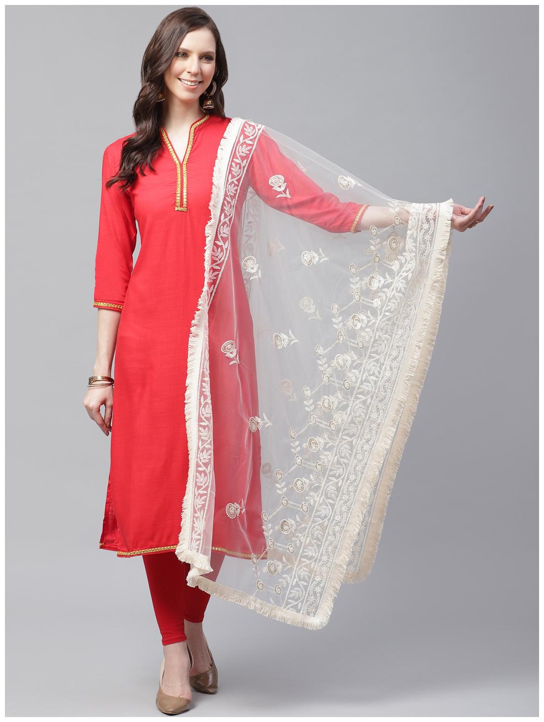 

Sutram Women Net Lakhnavi Cream Embroidery Dupatta