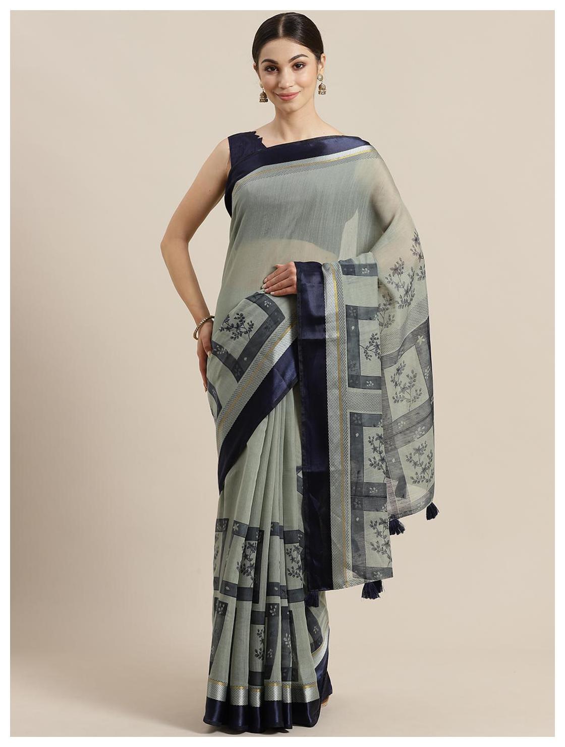 

Sutram Women s Green Cotton Linen Saree with Blouse Piece