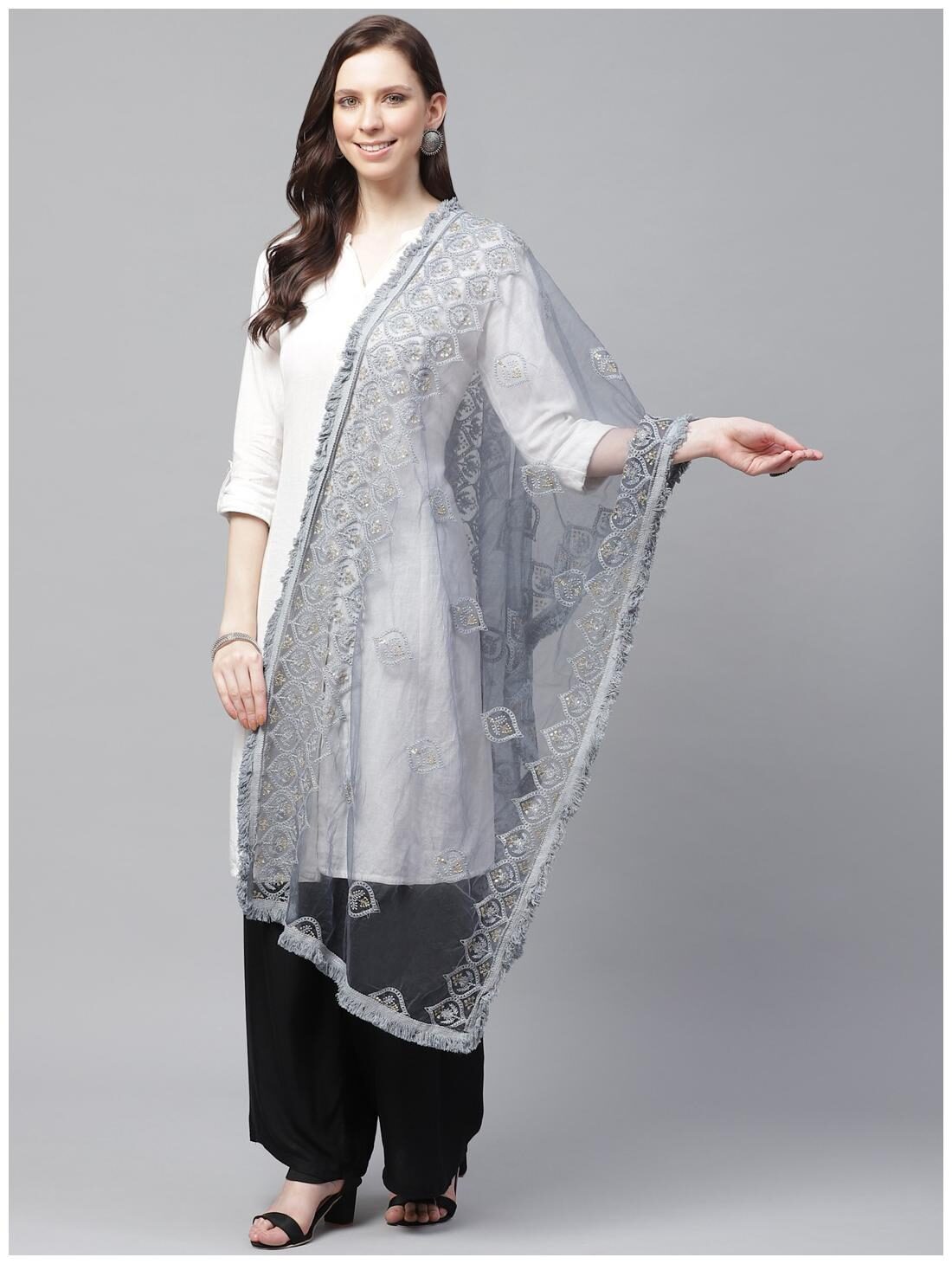 

Sutram Women Net Lakhnavi Grey Embroidery Dupatta