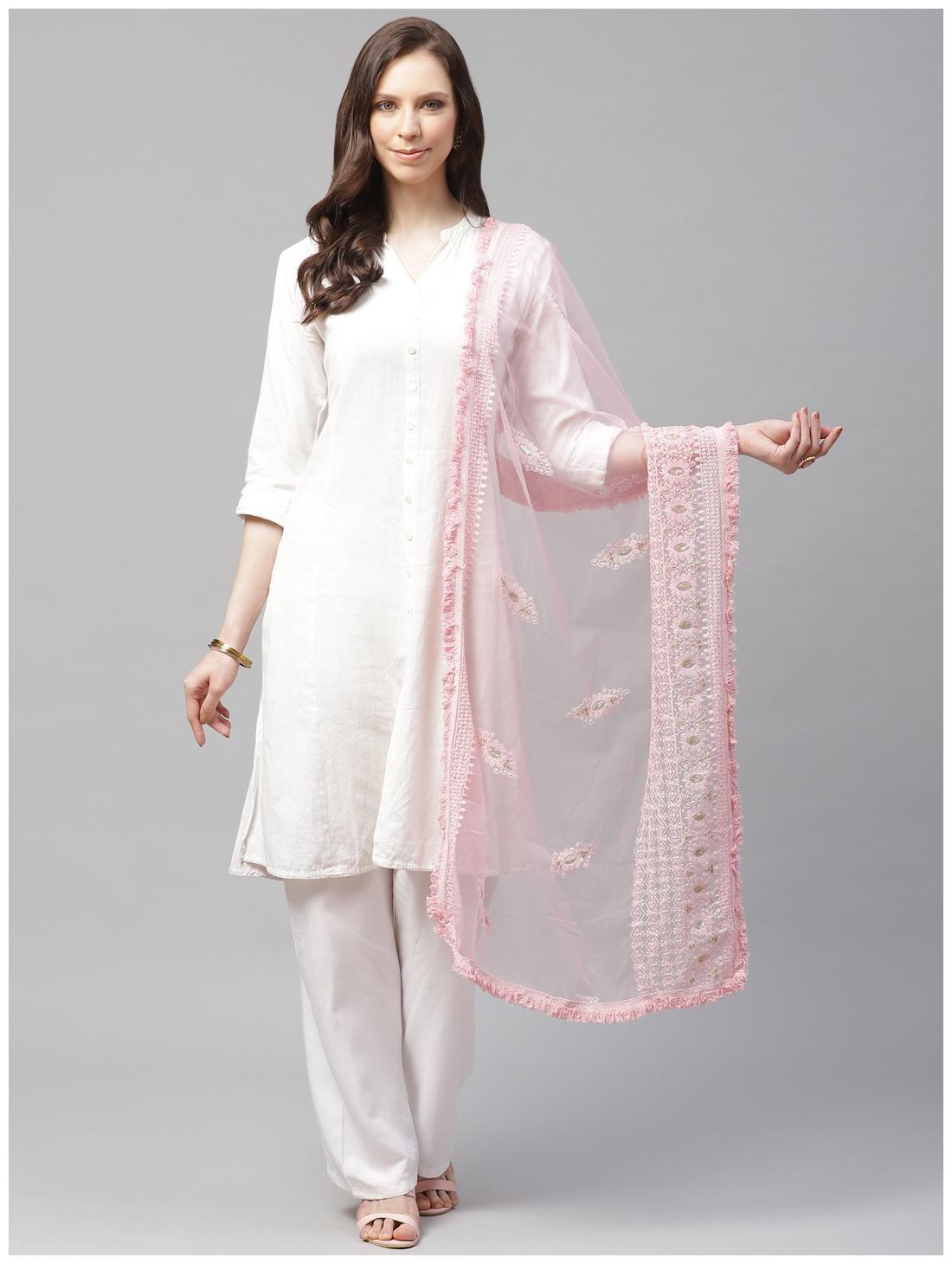 

Sutram Women Net Lakhnavi Pink Embroidery Dupatta