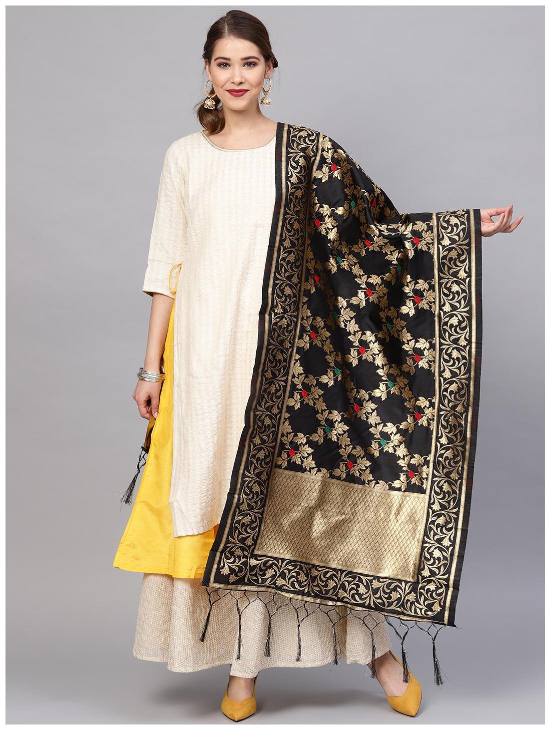 

Sutram Women s Woven Banarasi silk dupatta Black