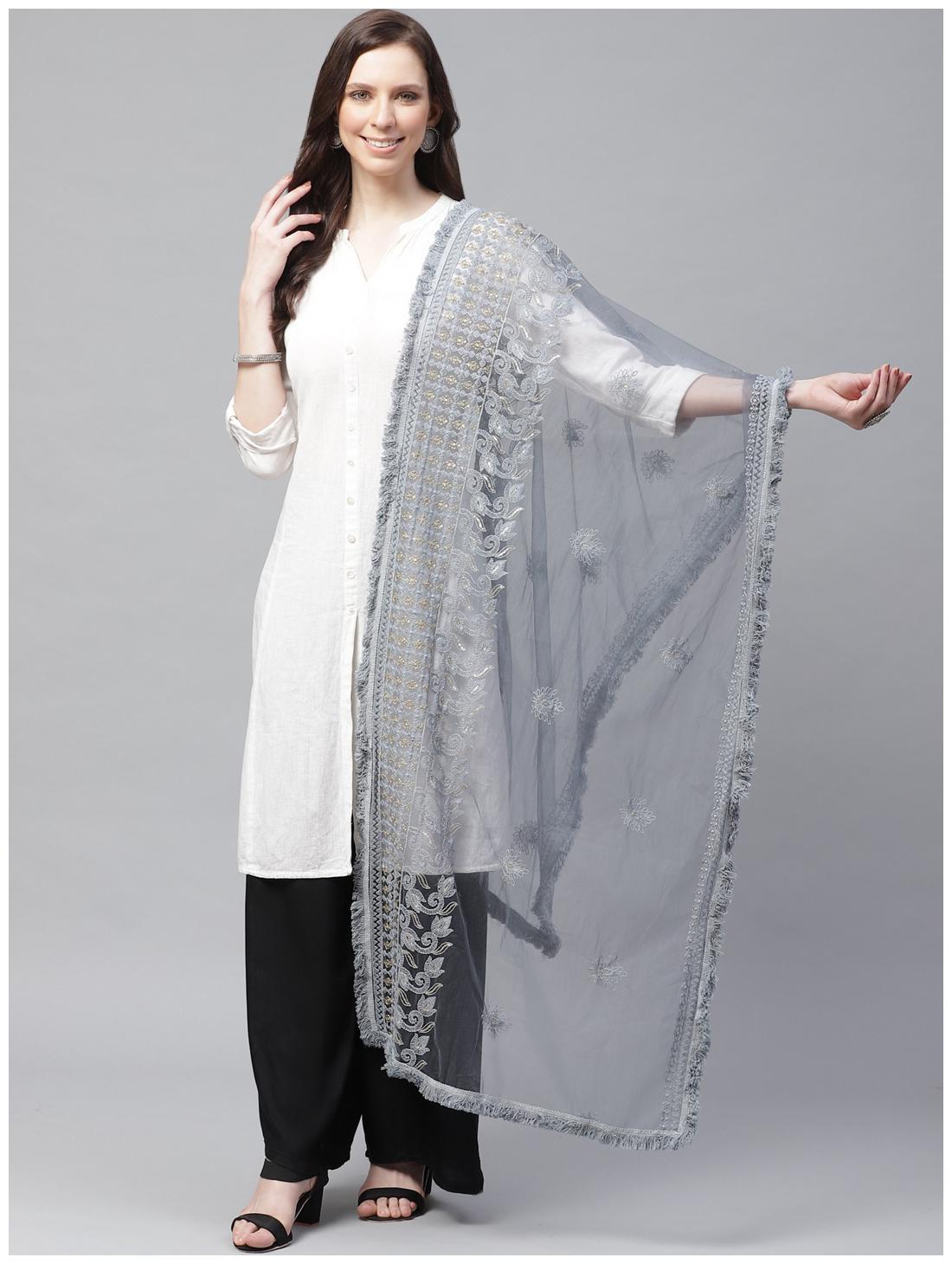 

Sutram Women Net Lakhnavi Grey Embroidery Dupatta