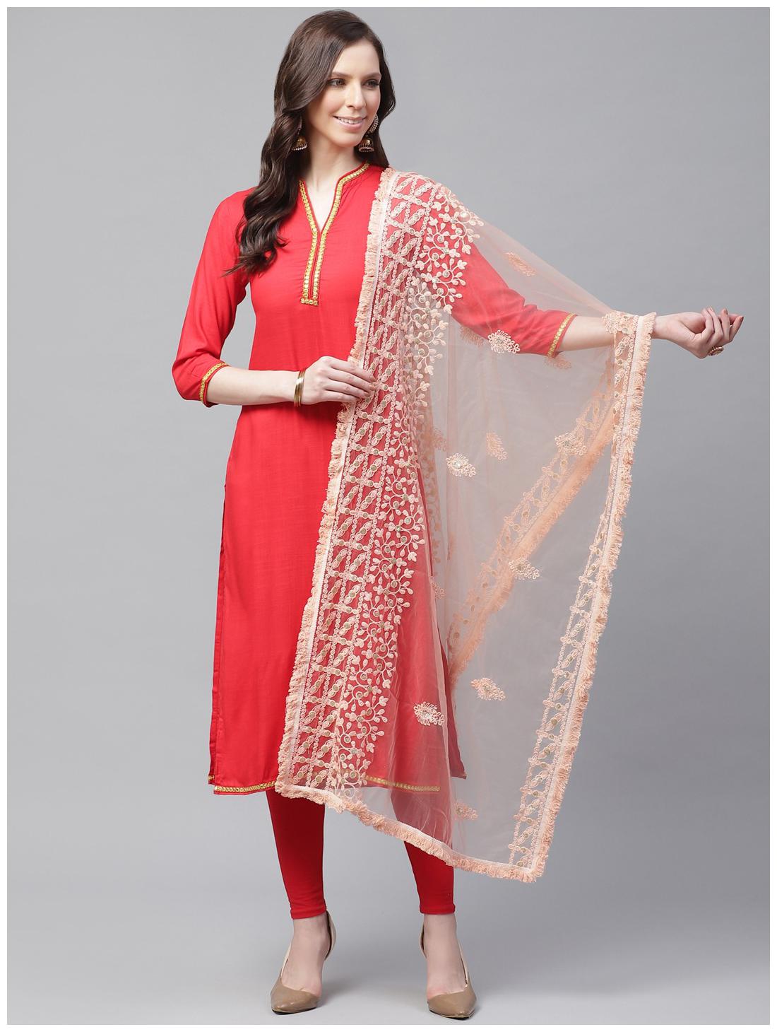 

Sutram Women Net Lakhnavi Peach Embroidery Dupatta