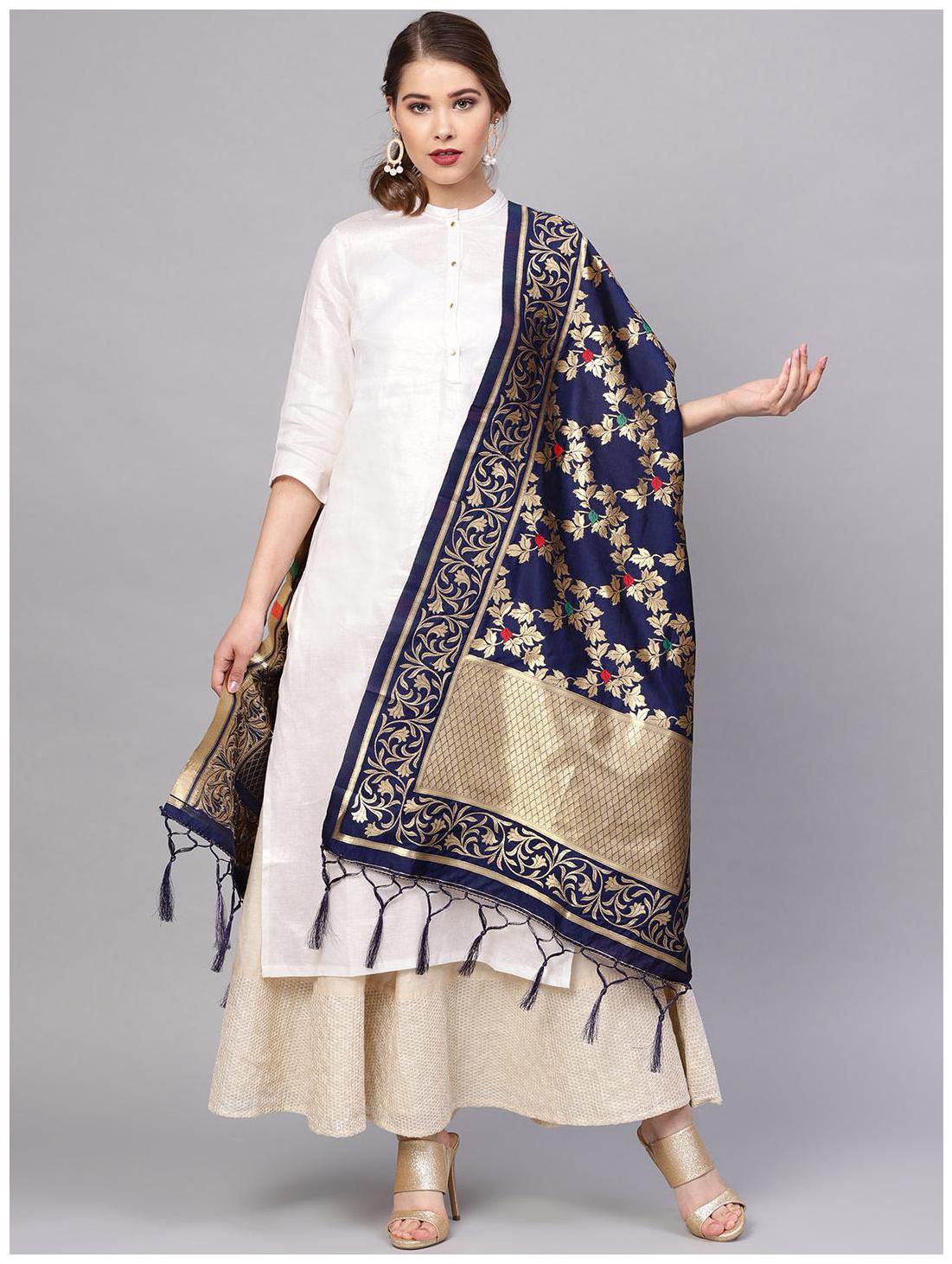

Sutram Women s Woven Banarasi silk dupatta Blue