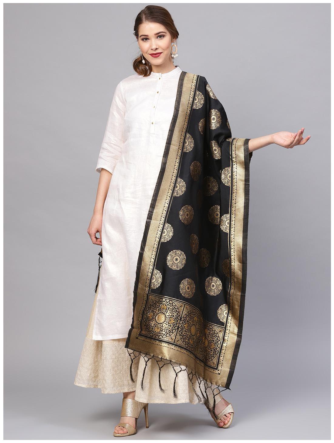 

Sutram Women s Woven Banarasi silk dupatta Black