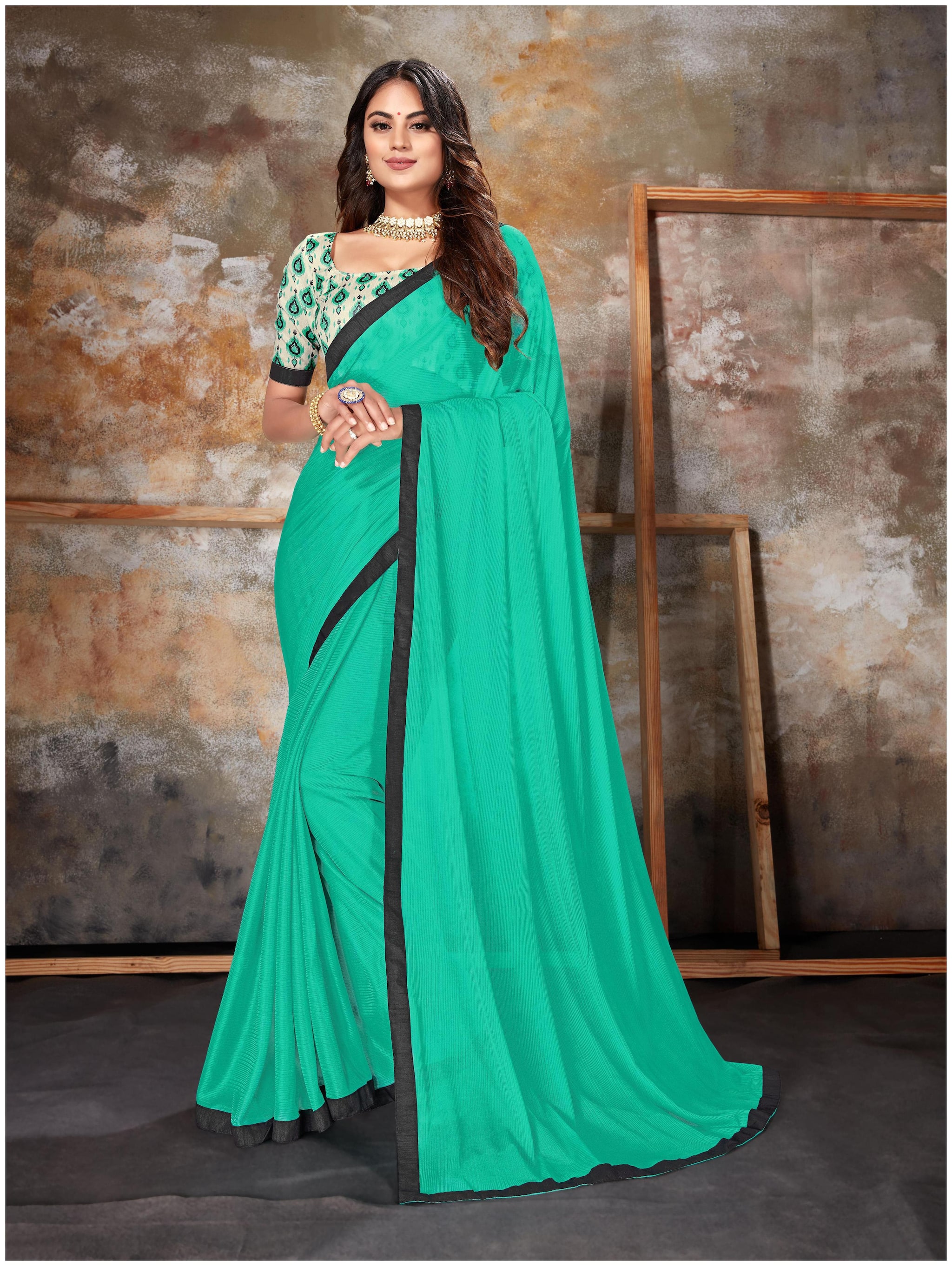 

SUTRAM Women Lycra Solid Turquoise Saree With Blouse