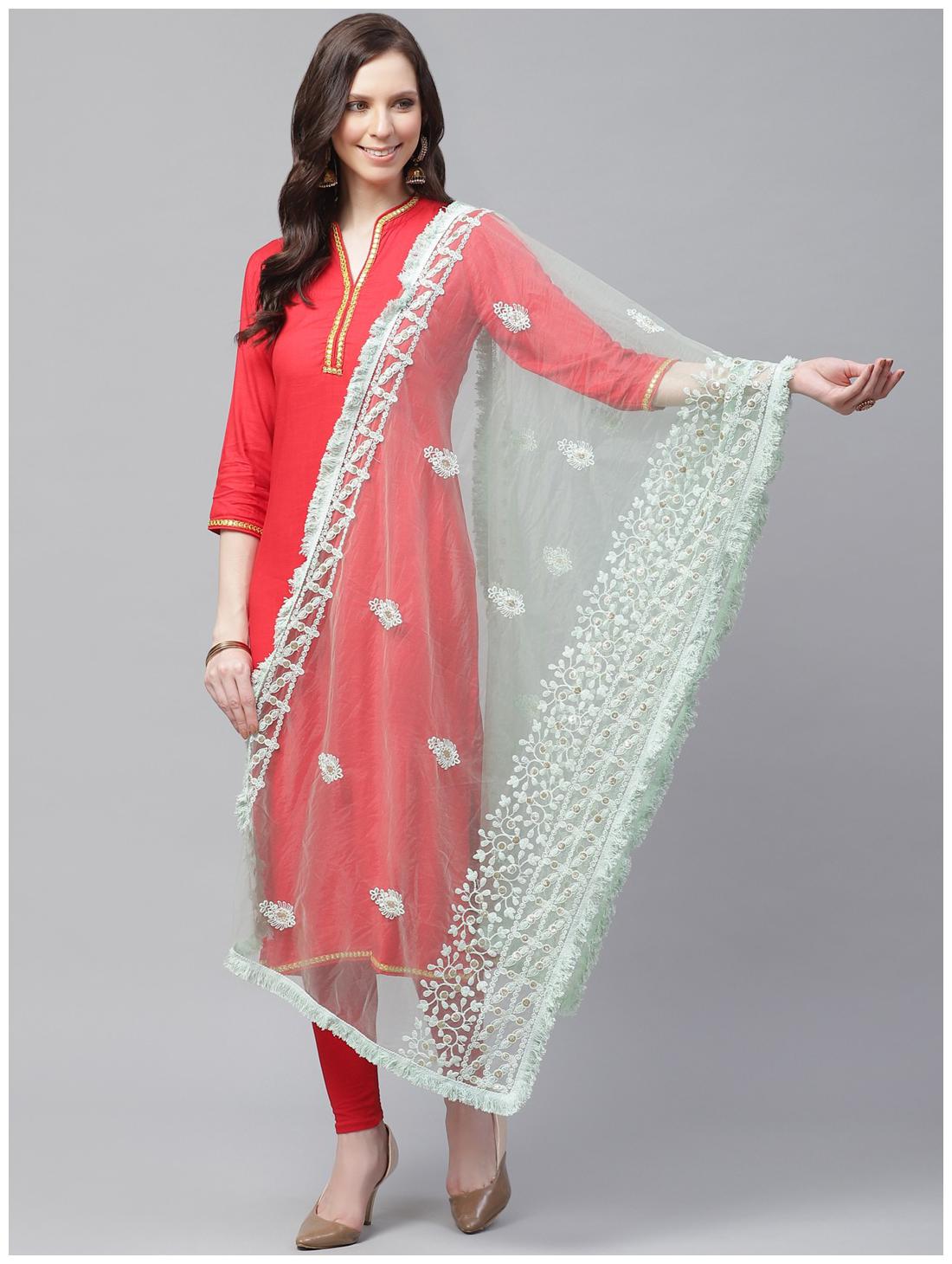 

Sutram Women Net Lakhnavi Green Embroidery Dupatta
