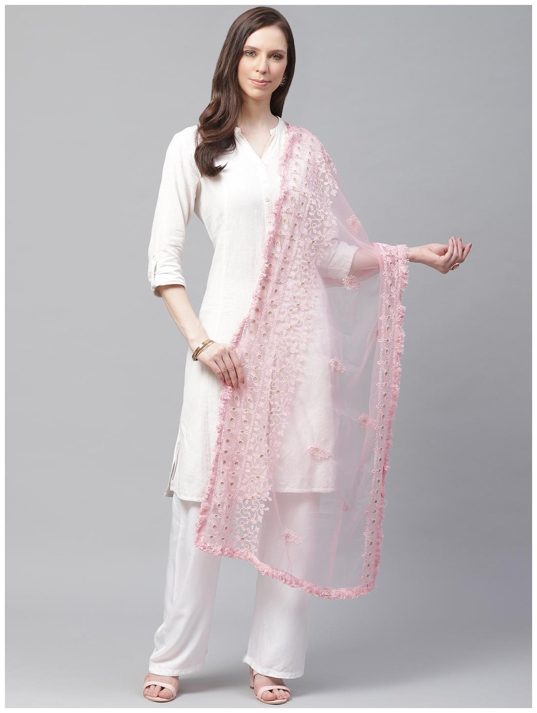 

Sutram Women Net Lakhnavi Pink Embroidery Dupatta