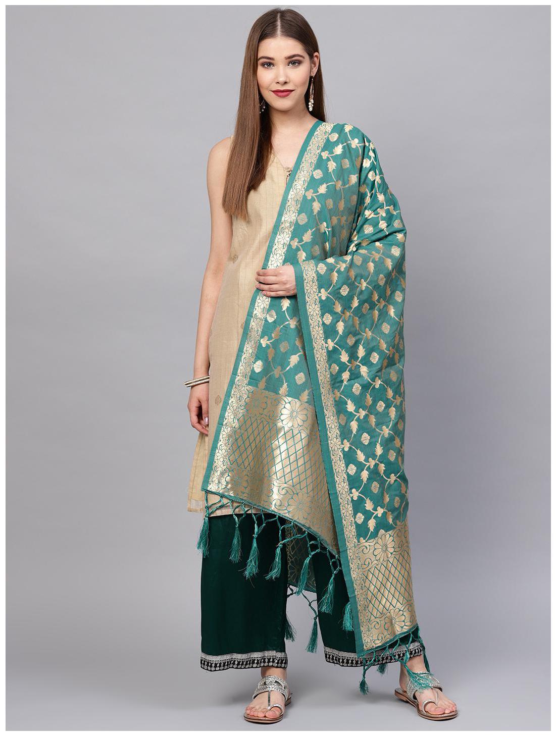 

Sutram Women s Woven Banarasi silk dupatta Green