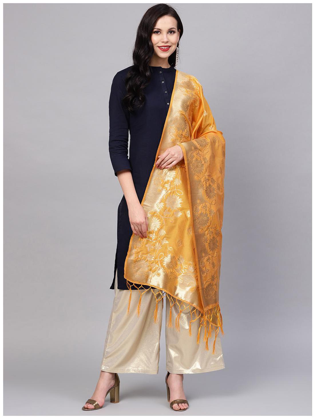

Sutram Women s Woven Banarasi silk dupatta Yellow