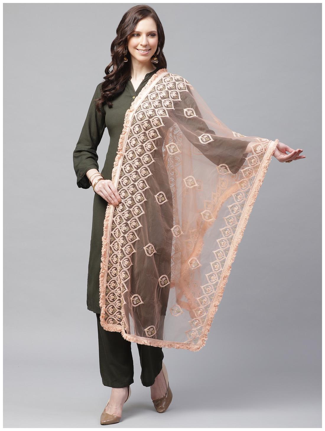 

Sutram Women Net Lakhnavi Peach Embroidery Dupatta