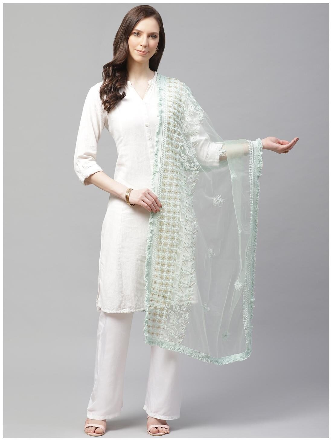 

Sutram Women Net Lakhnavi Green Embroidery Dupatta