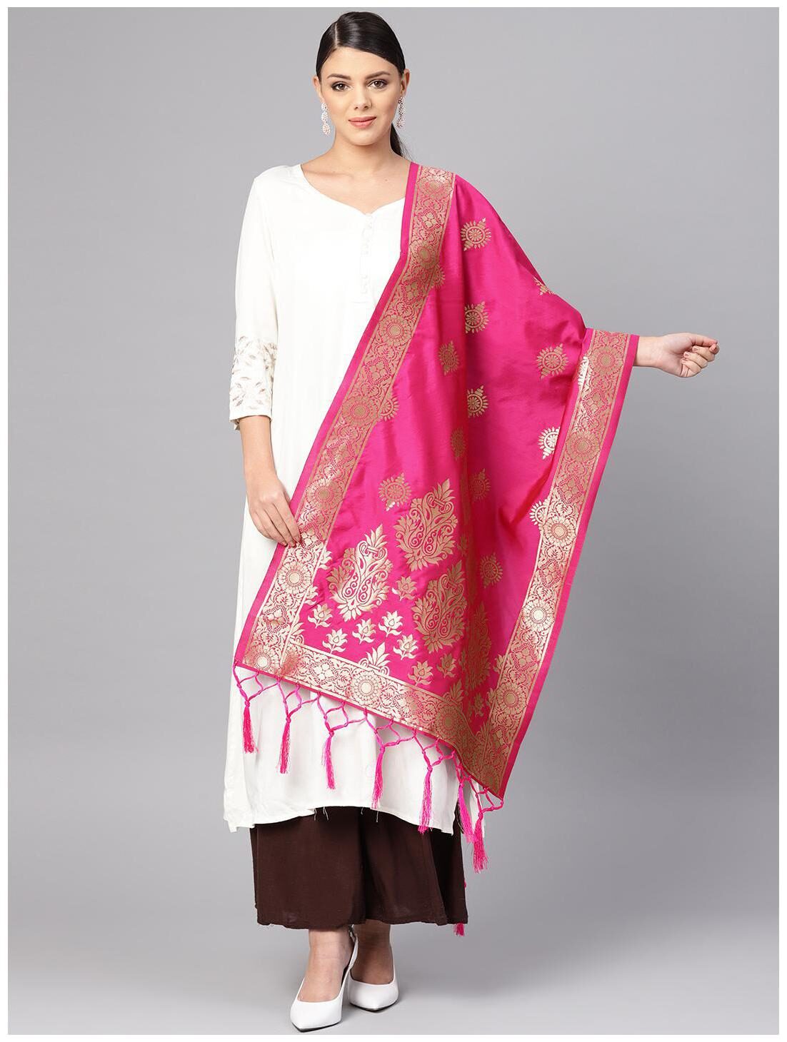 

Sutram Women Banarasi Silk Woven Dupatta Pink