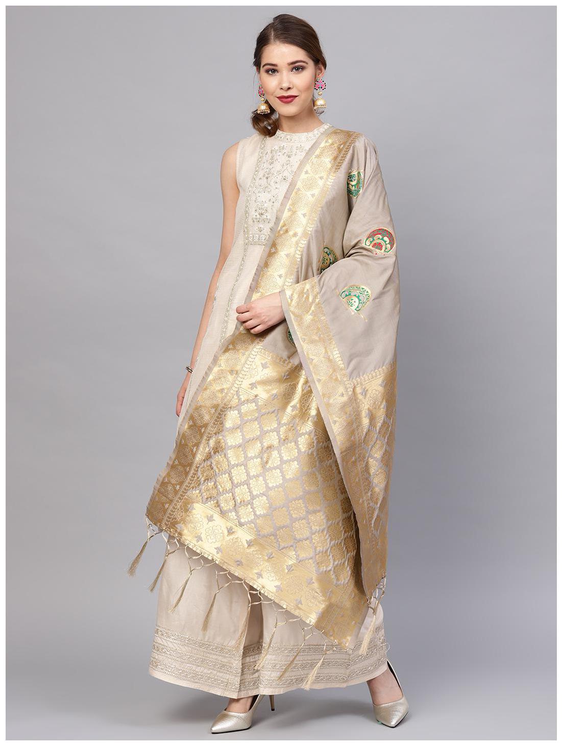 

Sutram Women s Woven Banarasi silk dupatta Grey