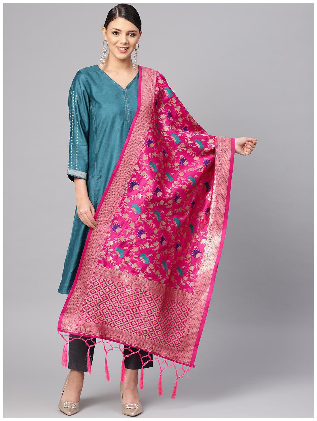 

Sutram Women Banarasi Silk Woven Dupatta Pink