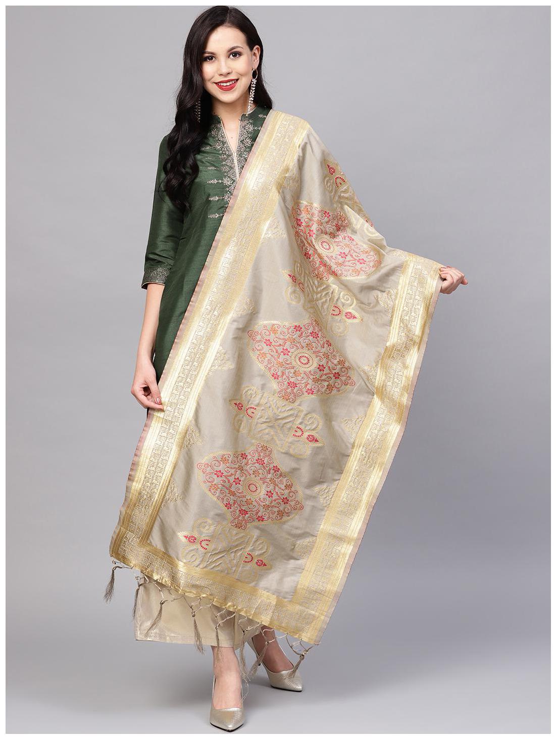 

Sutram Women s Woven Banarasi silk dupatta Grey