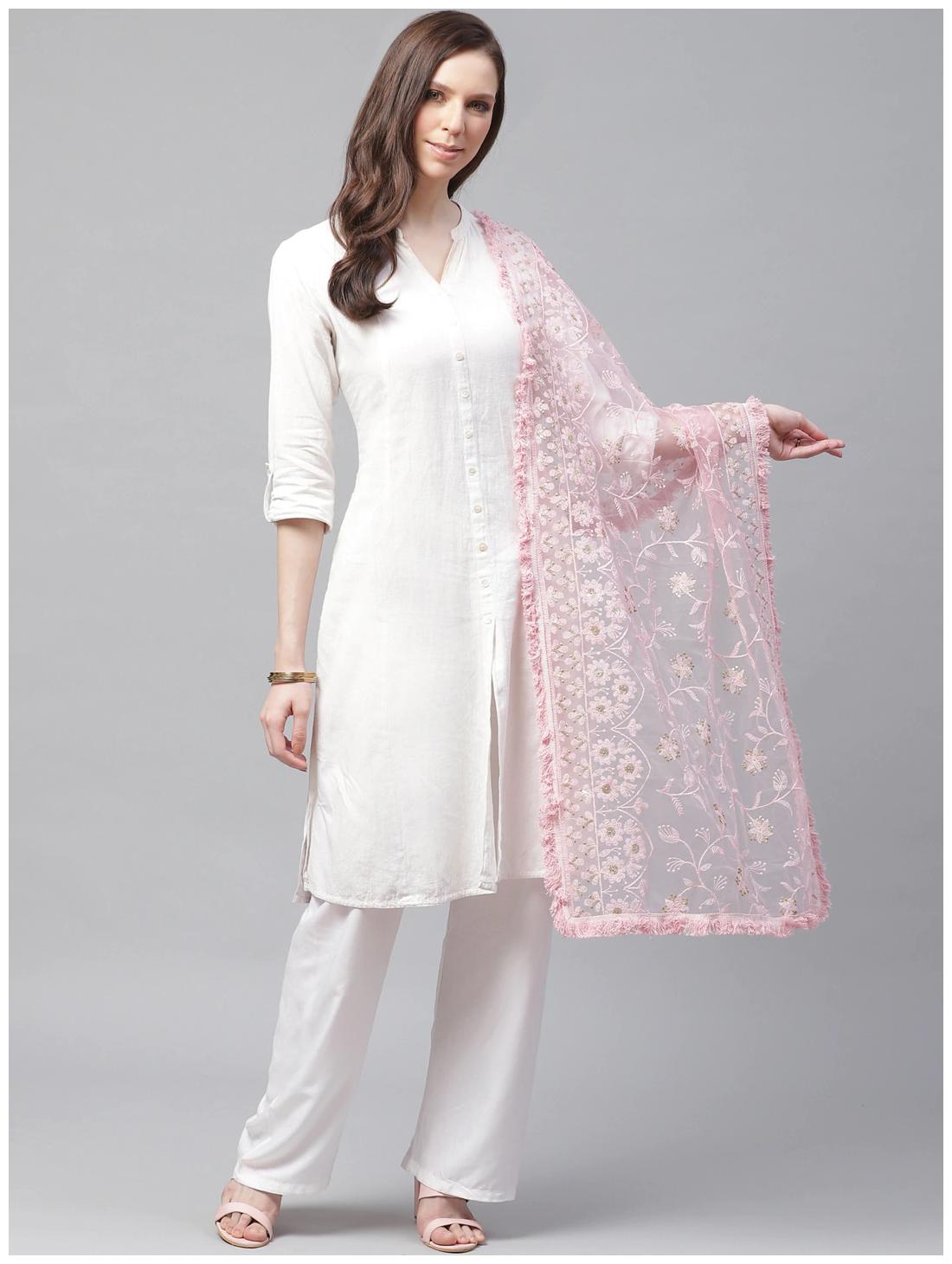 

Sutram Women Net Lakhnavi Pink Embroidery Dupatta