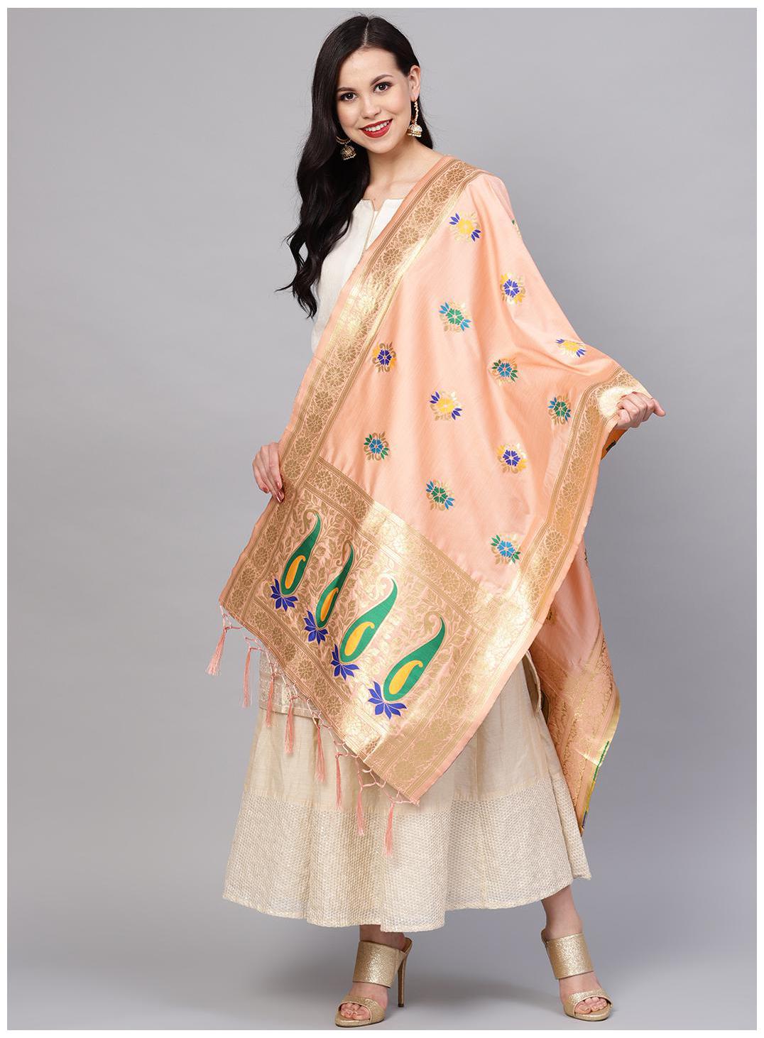 

Sutram Women s Woven Banarasi silk dupatta Peach