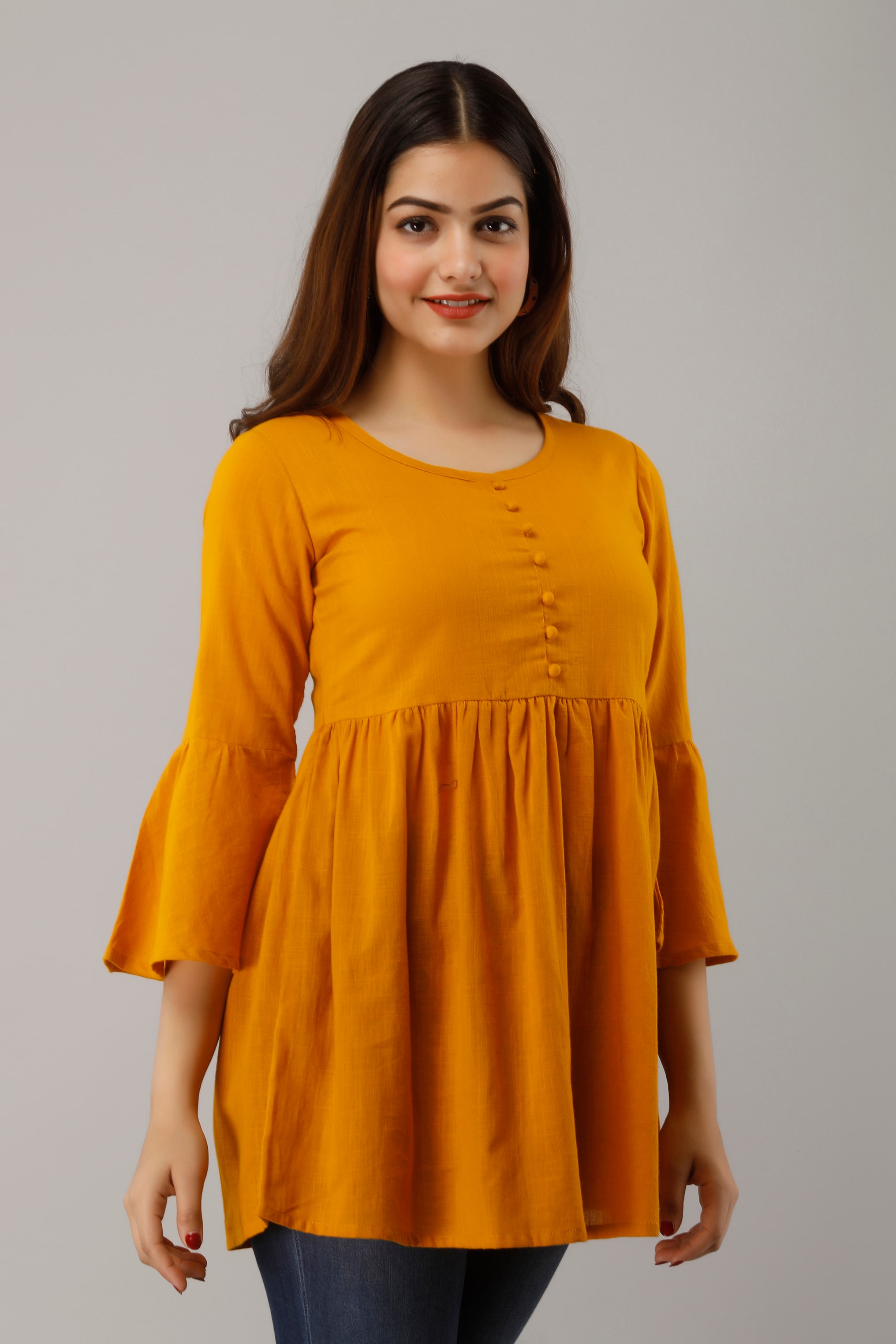 

SVARCHI Women Cotton Solid Mustard Regular Top