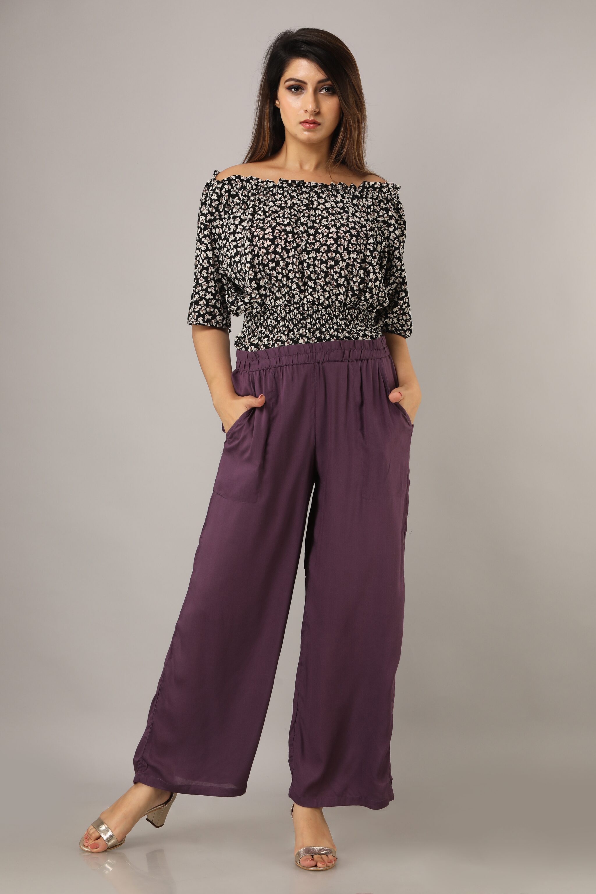 

SVARCHI Purple Solid Straight Palazzo
