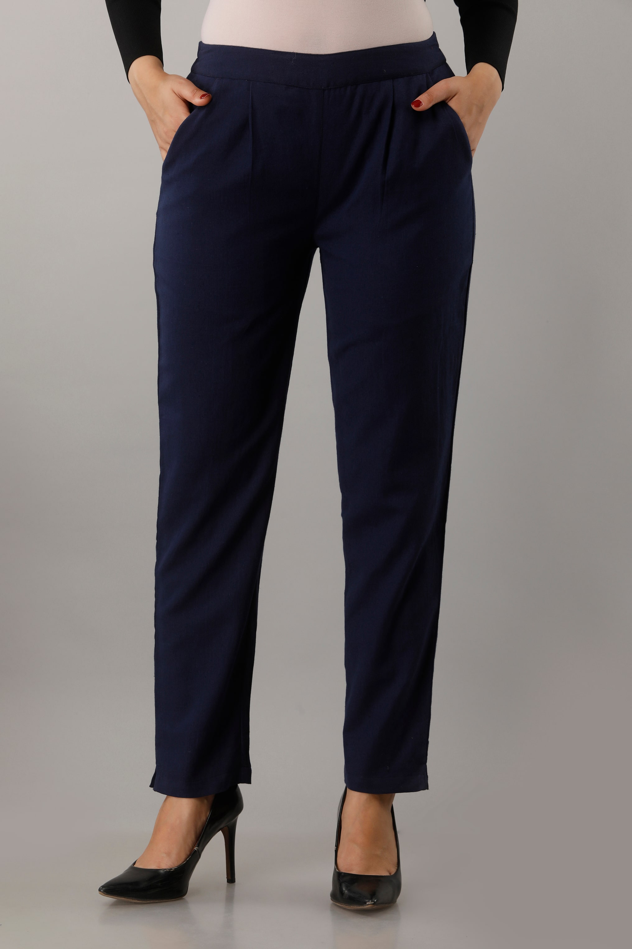 

SVARCHI Women Cotton Solid Navy Blue Pant
