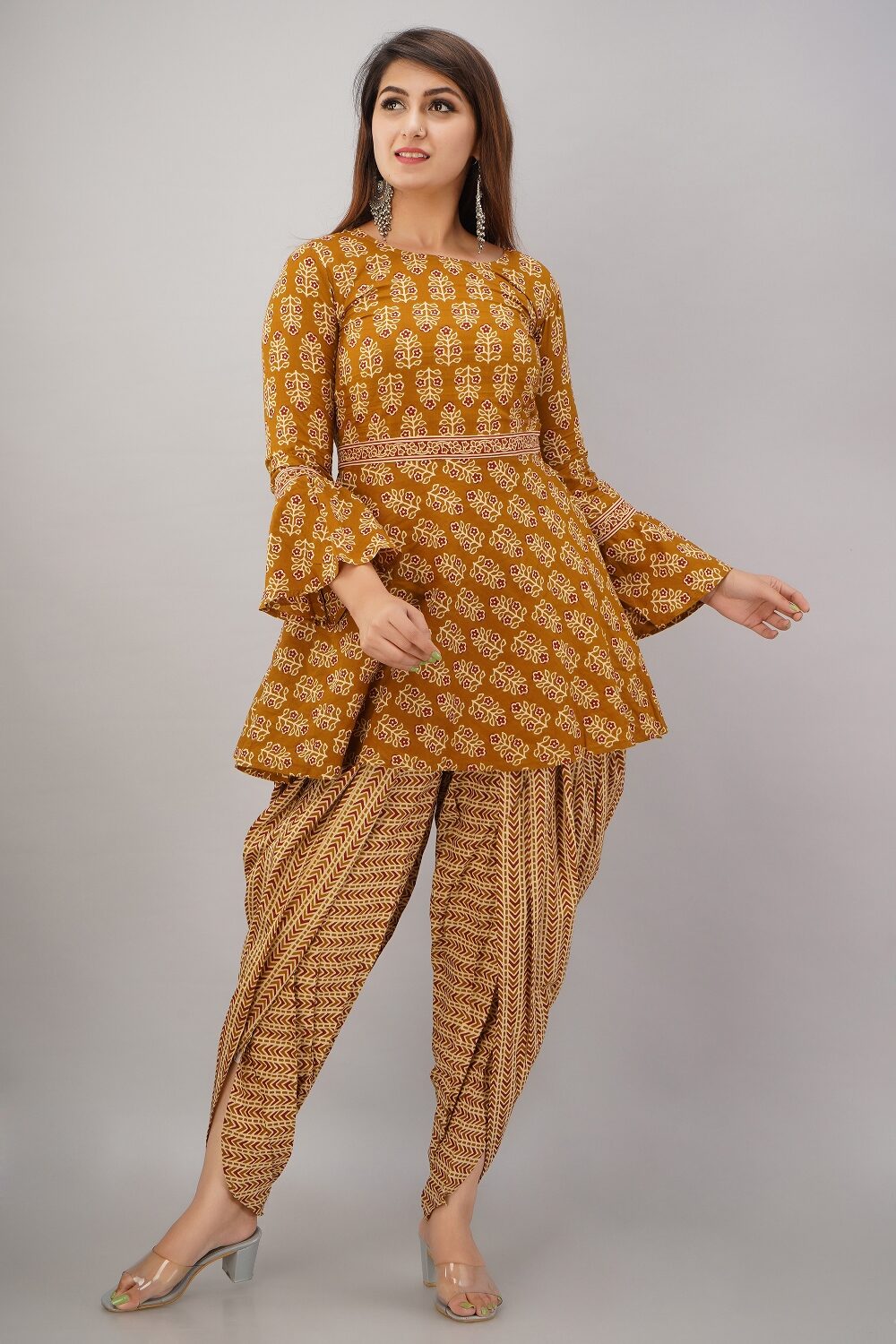 

SVARCHI Women Cotton Blend Mustard Kurta With Dhoti Pants