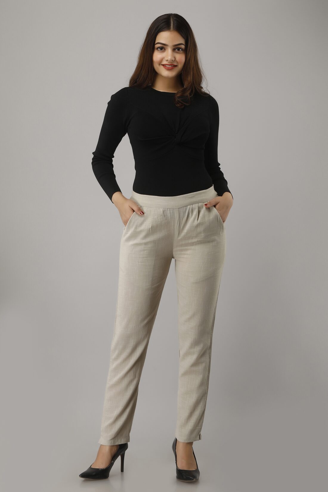 

SVARCHI Women Cotton Solid Beige Pant
