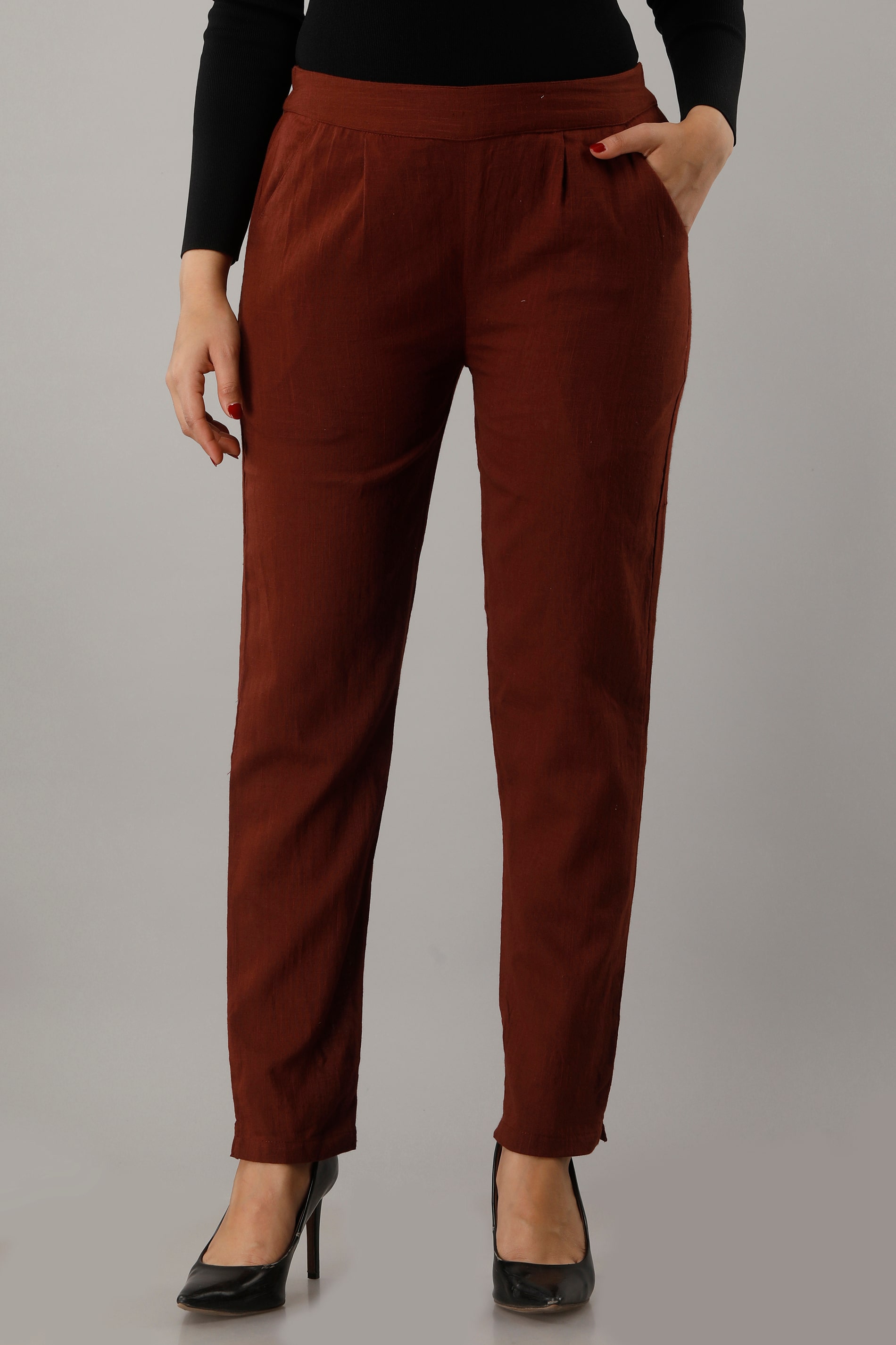 

SVARCHI Women Cotton Solid Brown Pant