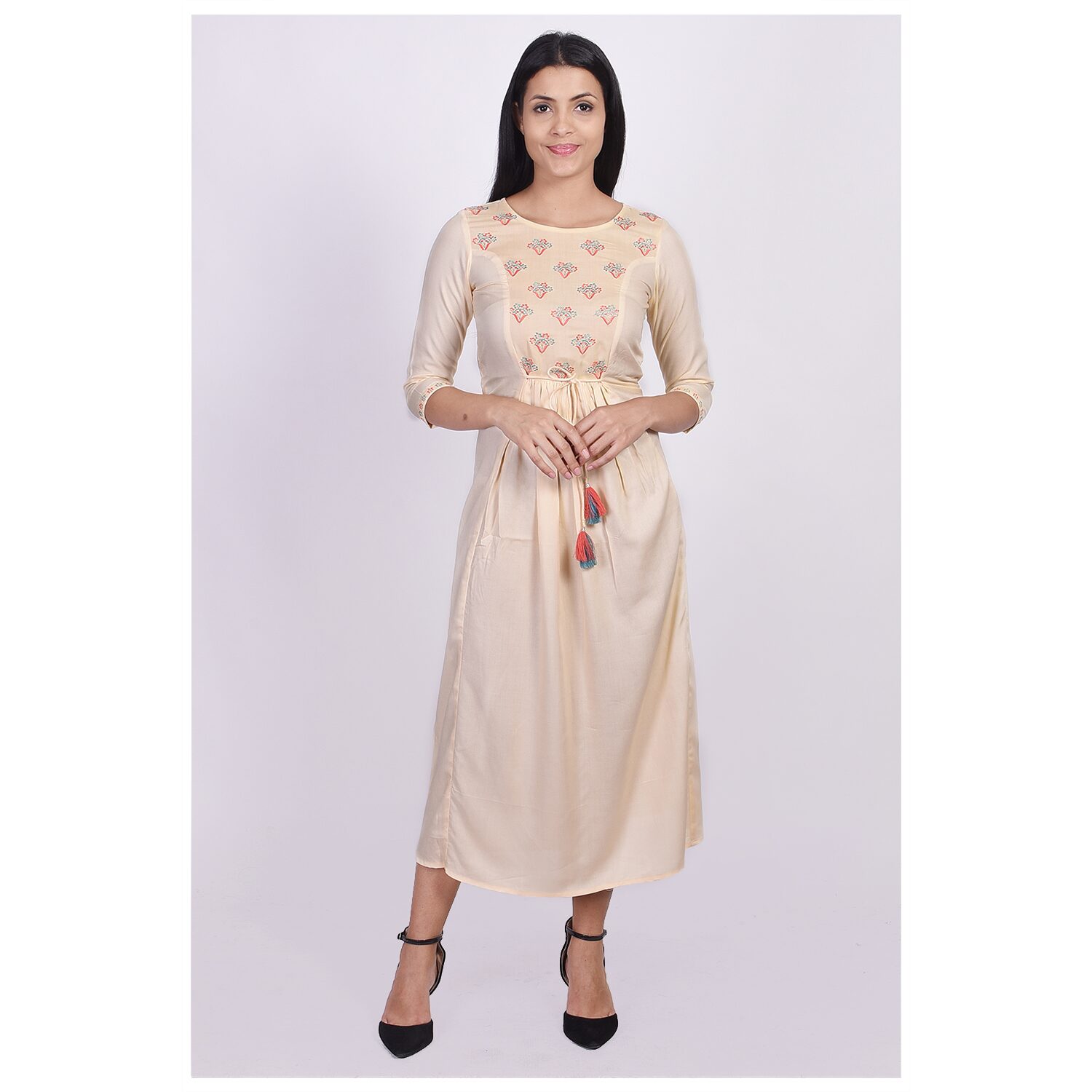 

SVARCHI Women Beige Embroidered Anarkali Kurta