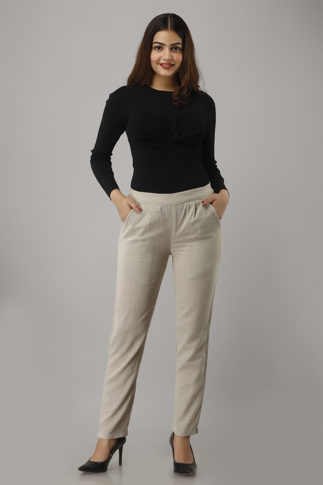

SVARCHI Women Cotton Solid Beige Pant