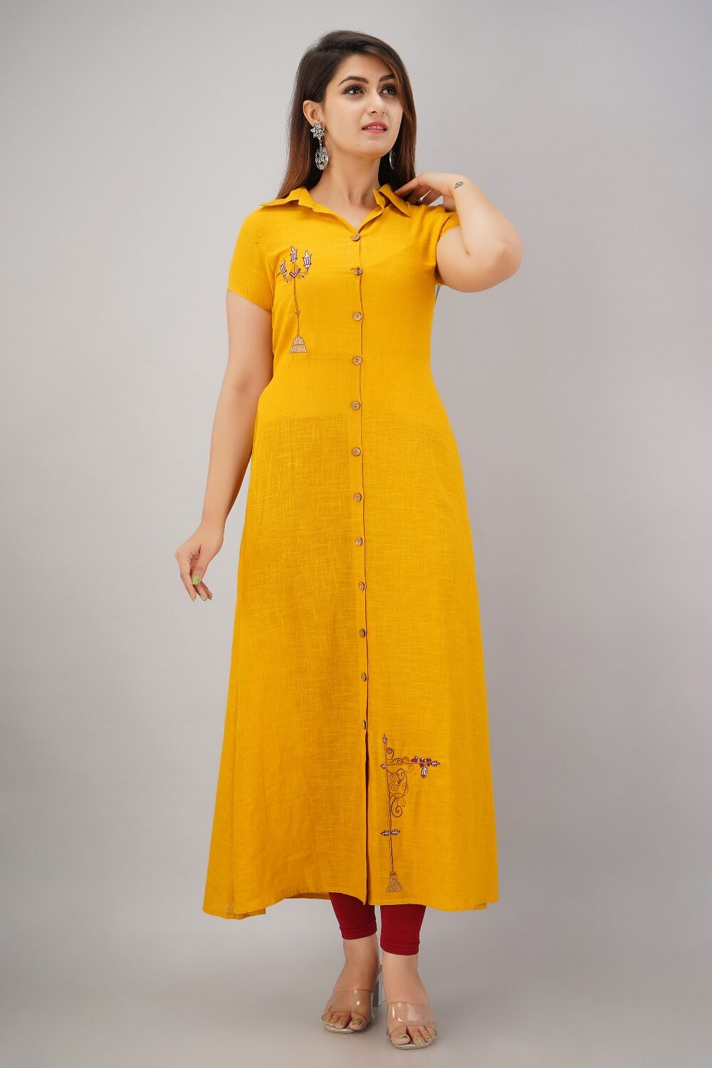 

SVARCHI Women Cotton Blend Embroidered Mustard Kurta