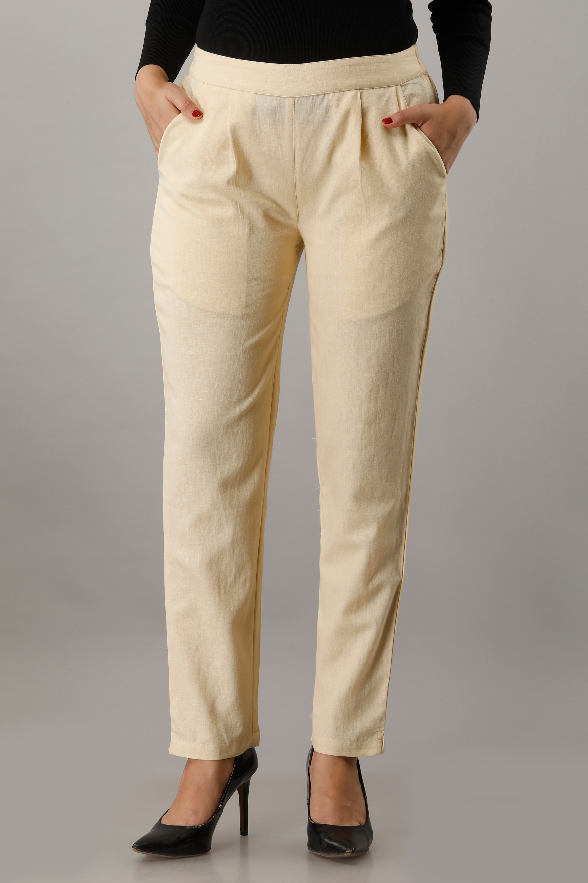 

SVARCHI Women Cotton Solid Cream Pant