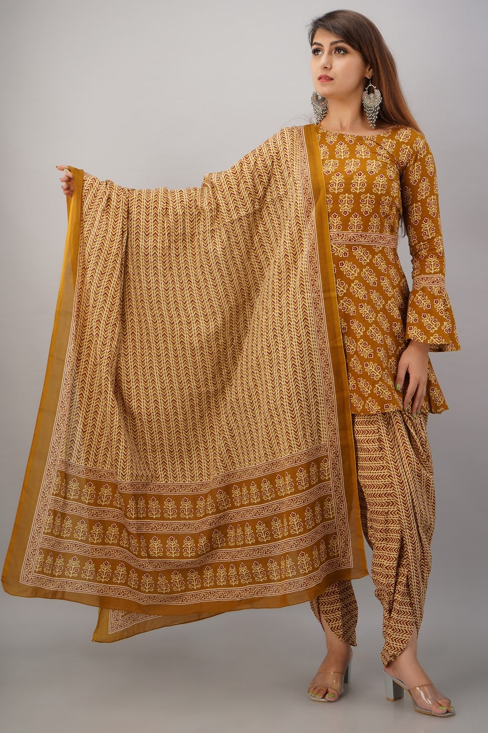

SVARCHI Women Cotton Blend Mustard Kurta With Dhoti Pants