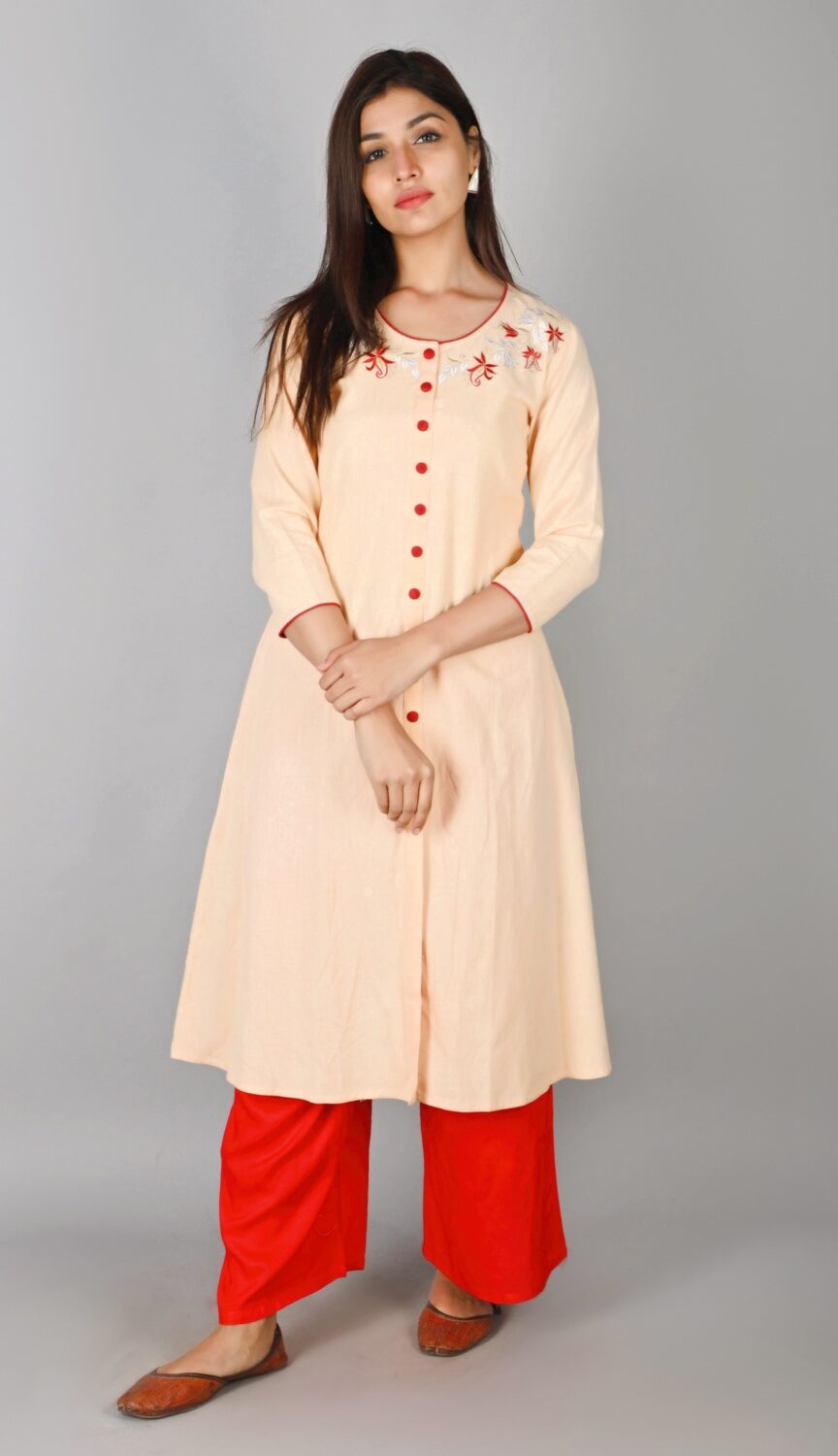 

SVARCHI Women Cotton Blend Embroidered Peach Kurta