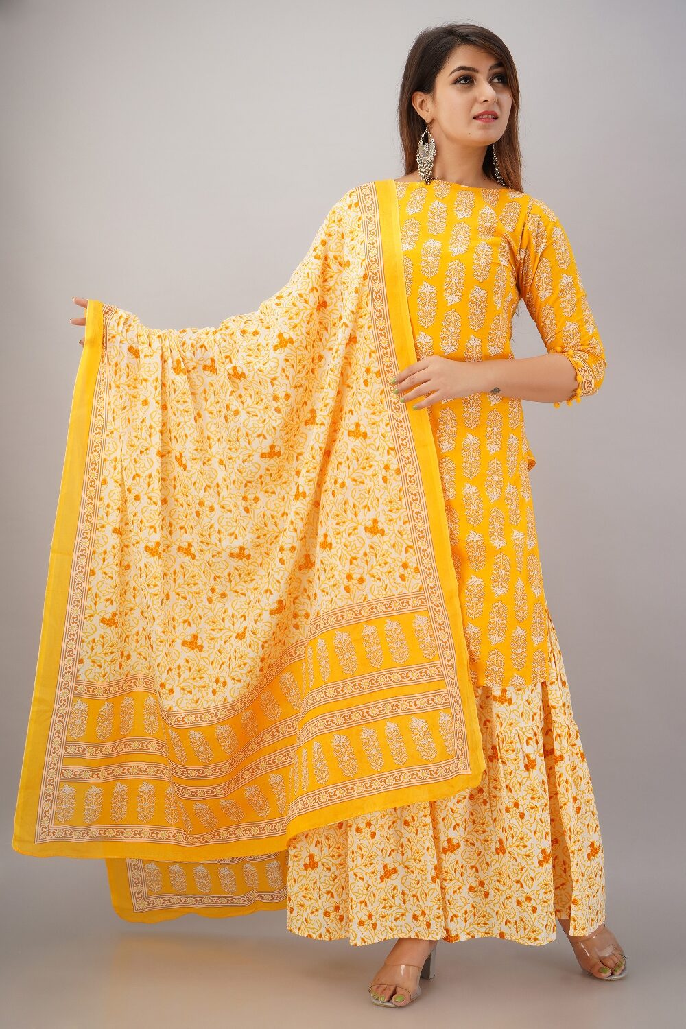 

SVARCHI Women Yellow Floral Straight Kurta With Sharara And Dupatta