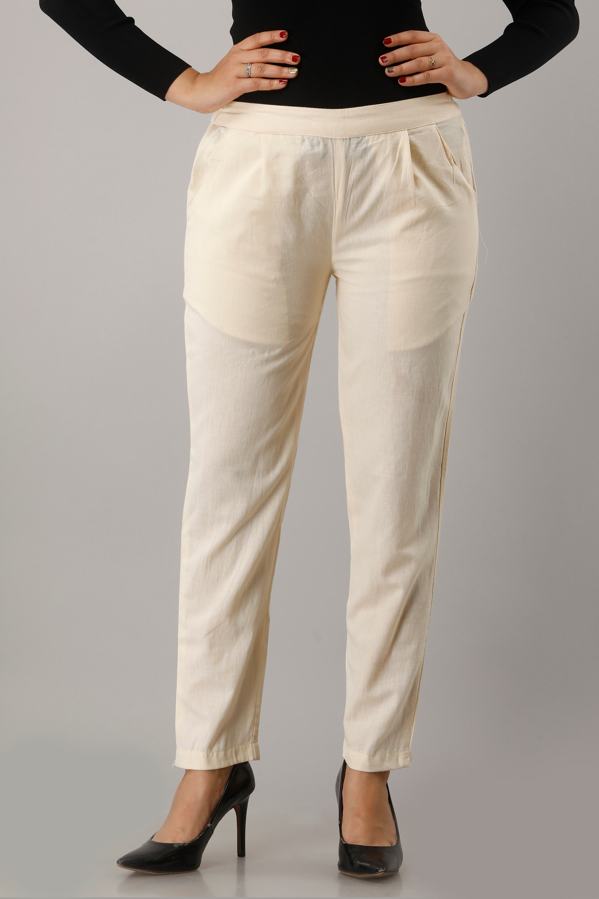 

SVARCHI Women Cotton Solid Cream Pant