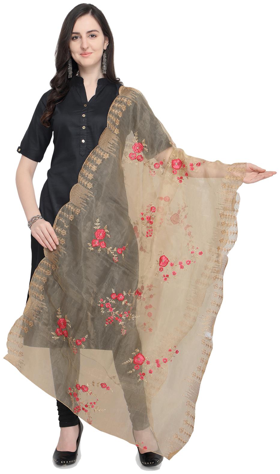 

Swaron Beige Organza Thread And Zari Embroidery Dupatta