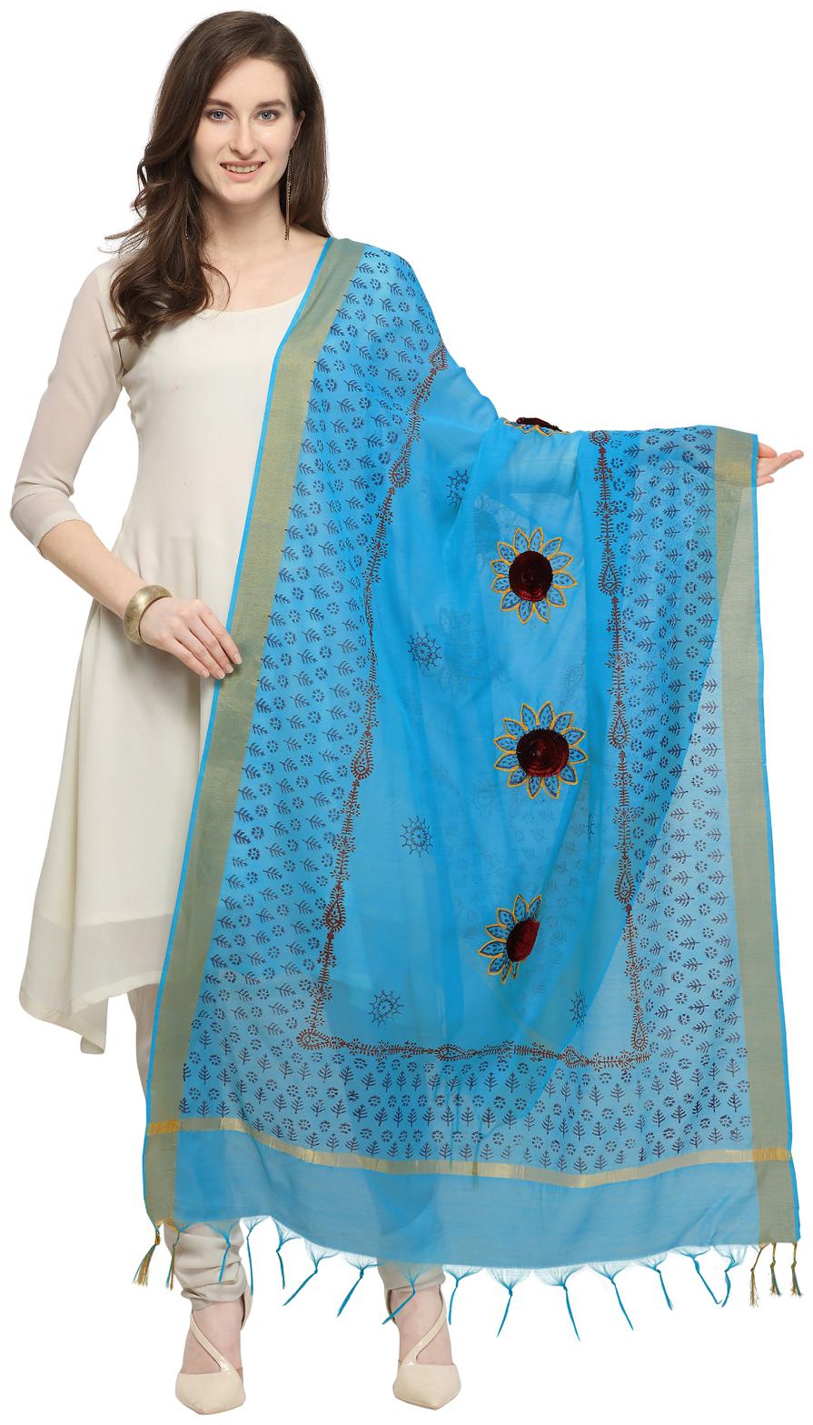 

Swaron Blue Cotton Silk Thread Embroidery And Block Print Dupatta