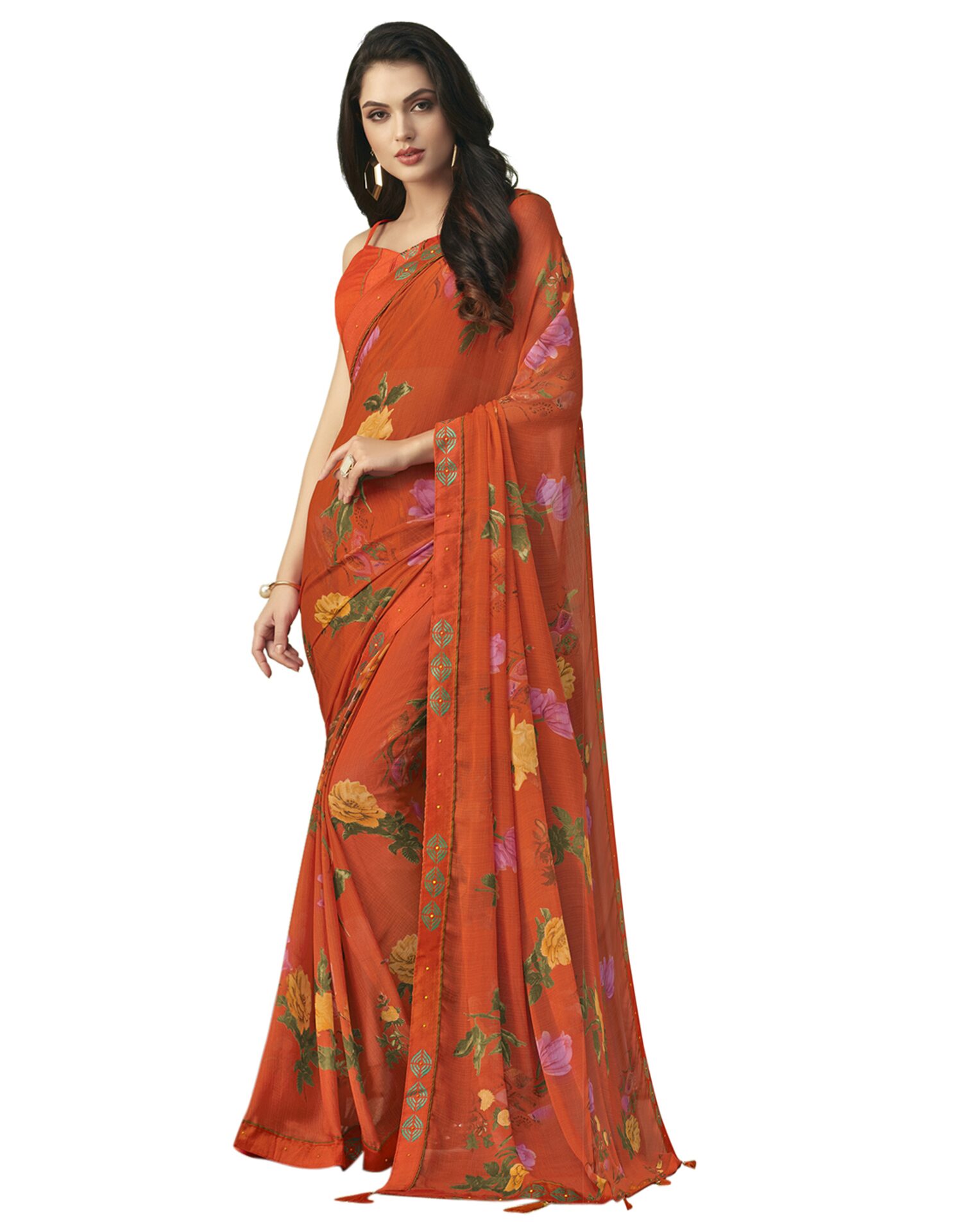 

Swaron Chiffon Floral Orange Color Saree With Unstiched Blouse Piece