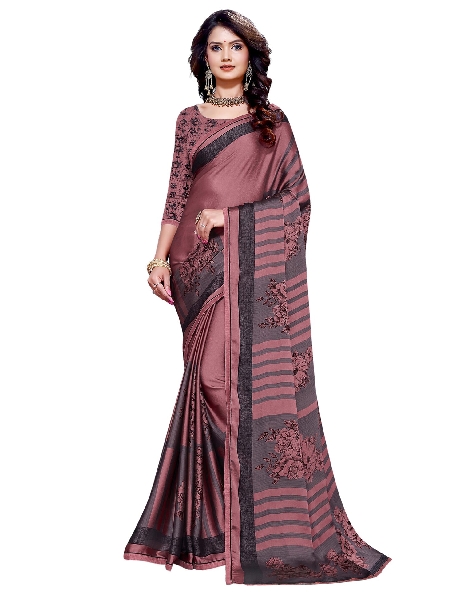 

Swaron Chiffon Floral Pink Color Saree With Unstiched Blouse Piece