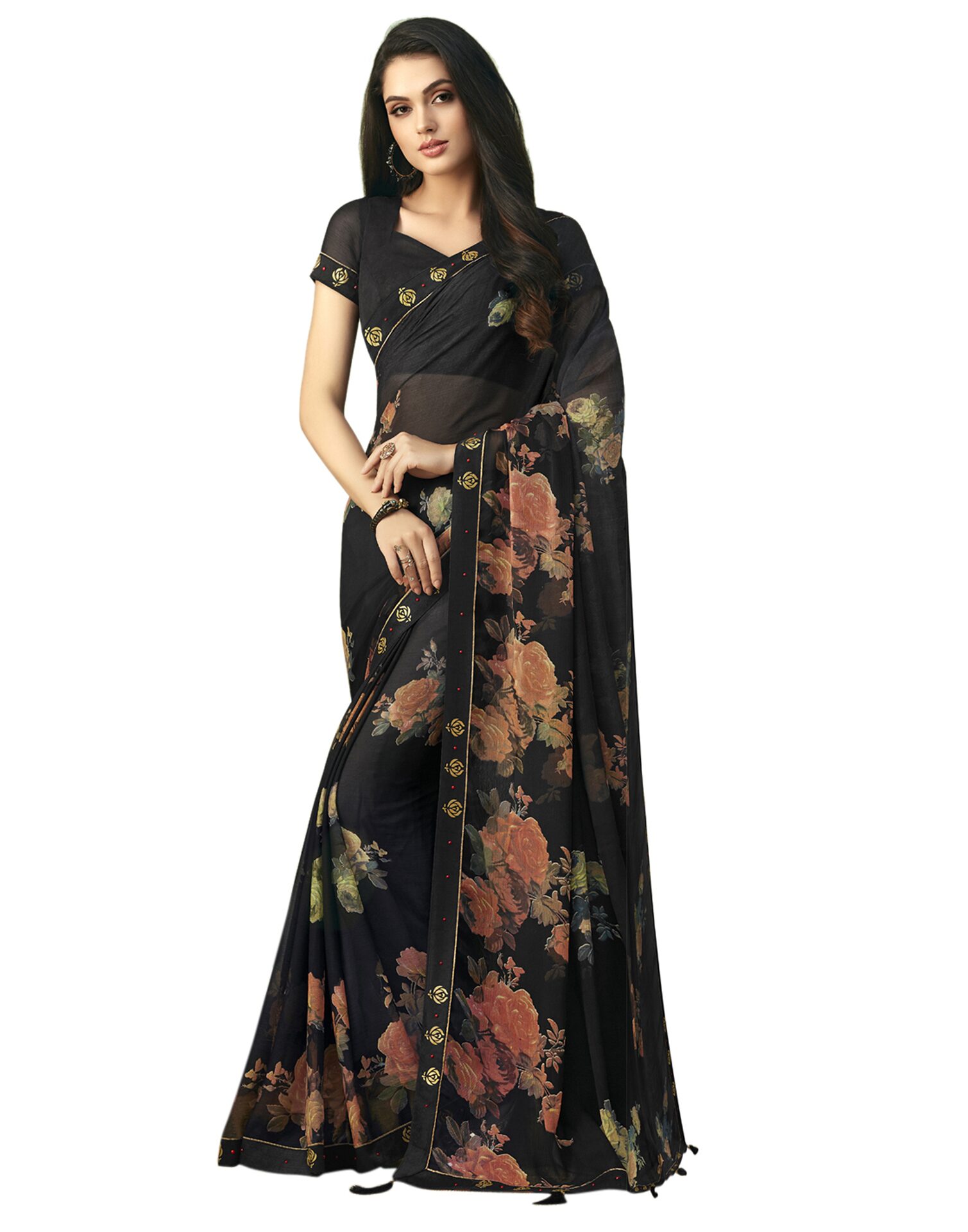

Swaron Chiffon Floral Black Color Saree With Unstiched Blouse Piece