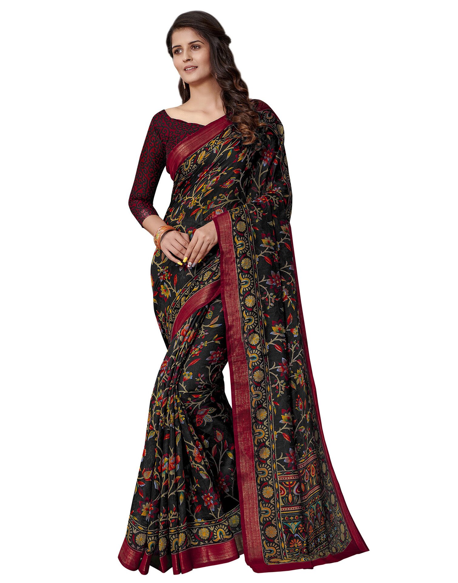 

Swaron Cotton Blend Floral Black Color Saree With Unstiched Blouse Piece